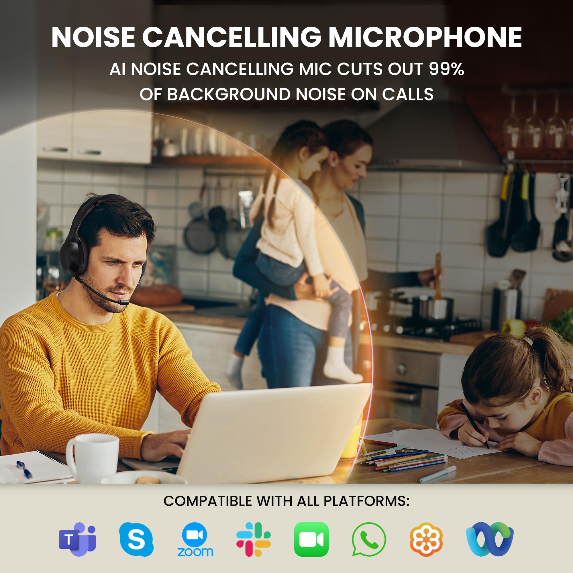 Back Bay Audio ClearCall 70 Wireless Bluetooth Headphones with Microphone & Removable Boom Mic - Over Ear Noise Cancelling Headset for Work from Home, Office, Laptop, PC & Online Meetings