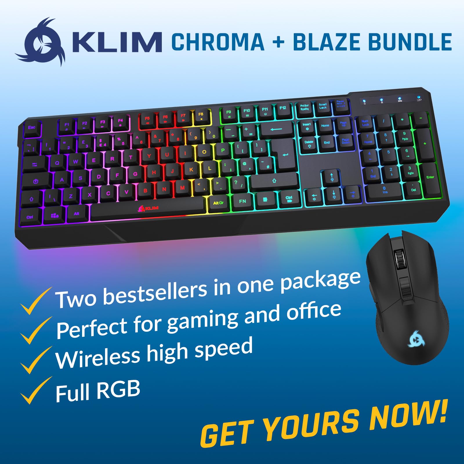 KLIM Blaze & Chroma Wireless Gaming Keyboard and Mouse Combo - RGB Backlit Mechanical Keyboard with Ergonomic Design & 10000 DPI RGB Gaming Mouse - Long Battery Life for PC, Mac, PS5, Xbox - Perfect for Gaming, Office Work and Streaming
