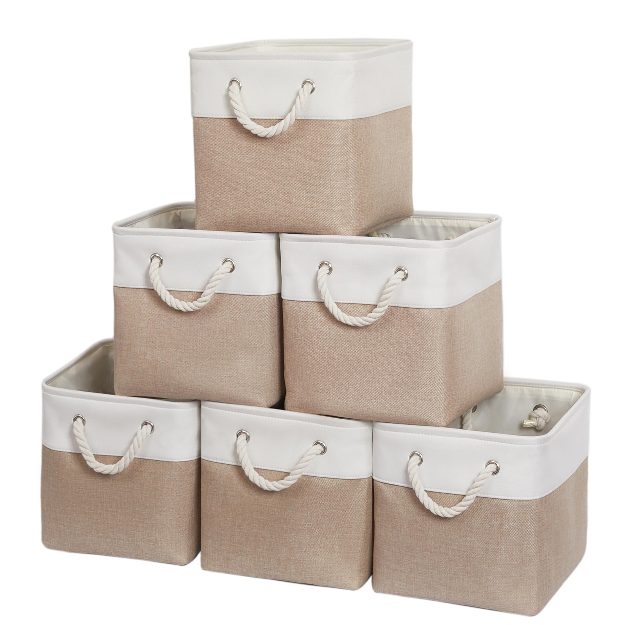 11 x 11 Inch Foldable Storage Cubes - 6 Pack Collapsible Fabric Bins with Handles for Home Organization | Closet, Toy, Clothes & Office Storage Solutions (White & Beige) - Perfect for Bedroom, Playroom & Small Space Organization