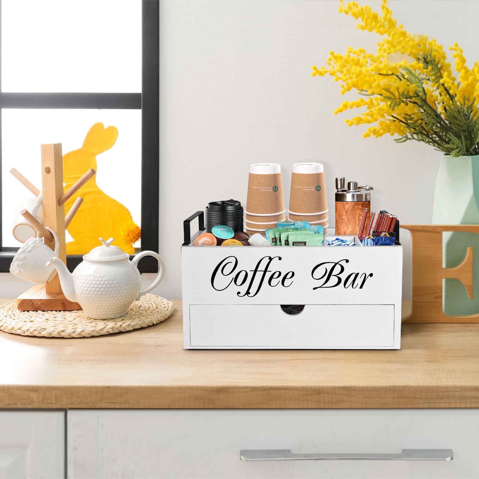 Wooden Coffee Bar Organizer with Handle & Drawer - K-Cup Storage Basket, Coffee Pod Holder & Condiment Organizer - Farmhouse-Style Countertop Coffee Station for Home, Office & Kitchen Decor