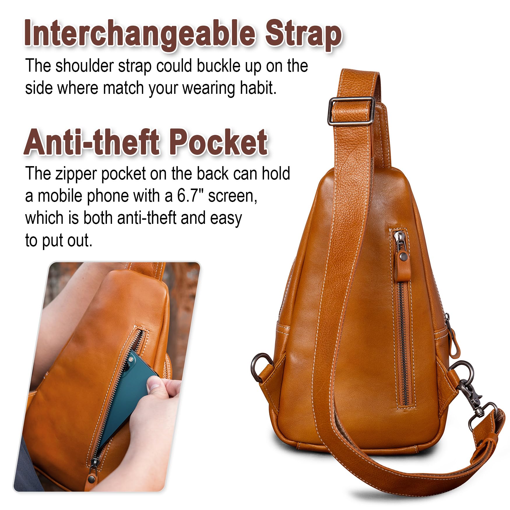 Genuine Leather Crossbody Sling Bag for Men & Women - Adjustable Shoulder Strap Chest Purse - Perfect for Travel, Hiking, Work & Daily Use