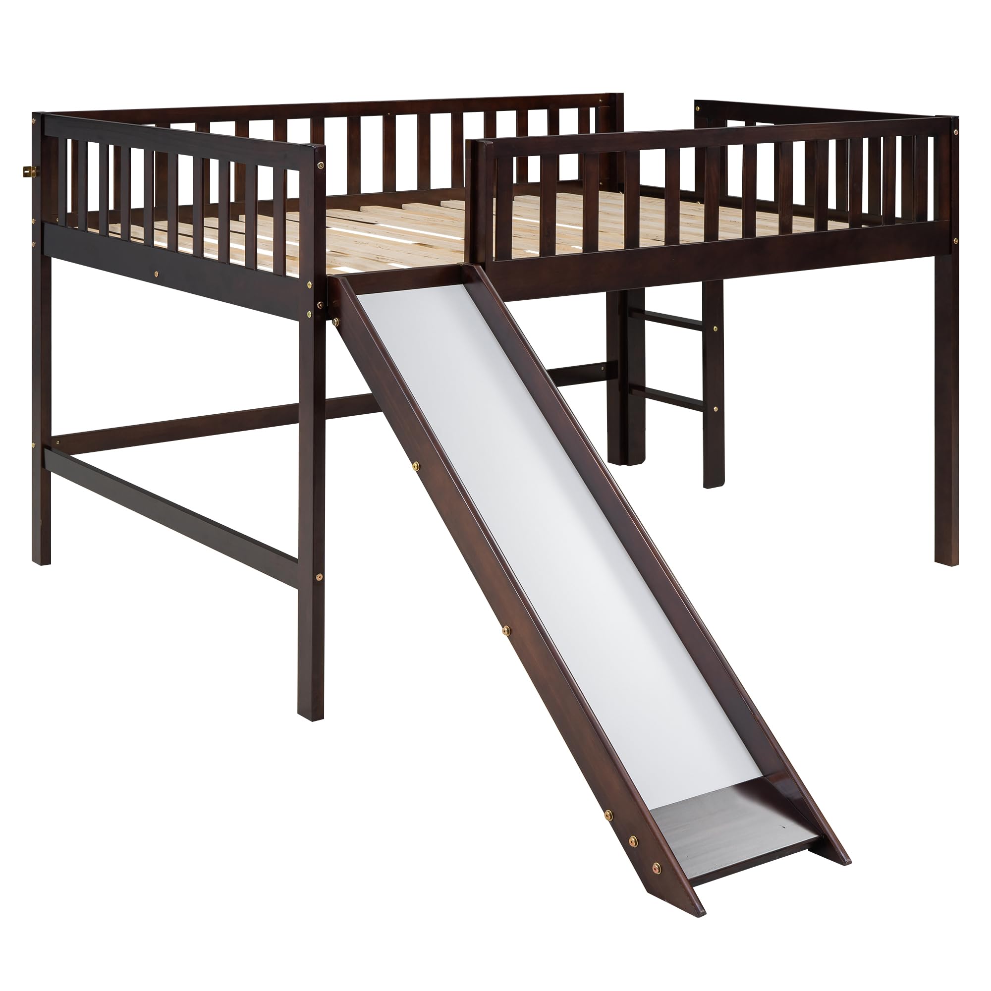 LZ LEISURE ZONE Full Size Wooden Loft Bed with Slide & Ladder - Low Profile Design, No Box Spring Needed, Espresso Finish - Perfect for Kids' Bedrooms, Dorm Rooms & Small Spaces