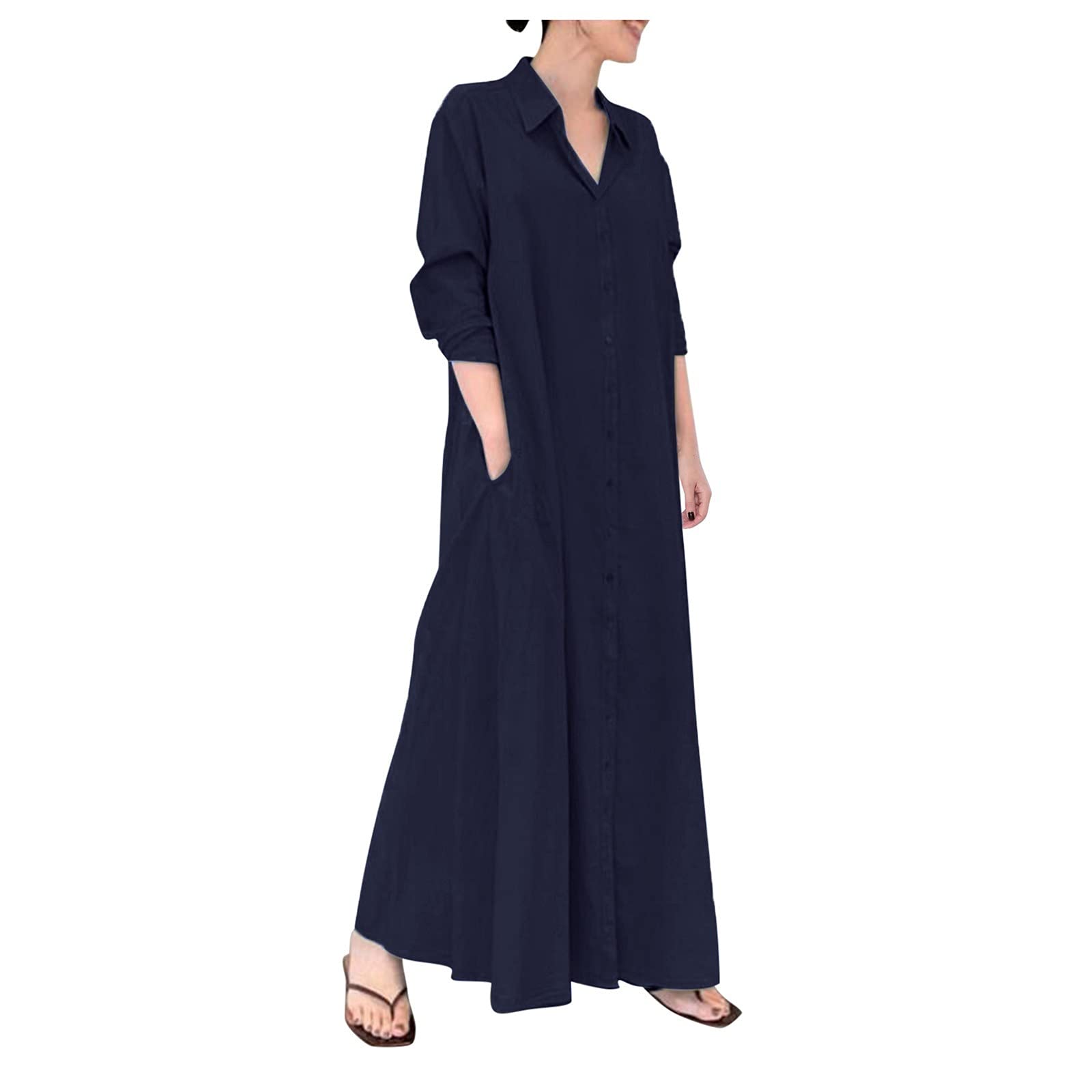 Women's Summer Maxi Long Dress - Solid Color Lapel Collar Long Sleeve Shirt Dress with Pockets | Casual Beachwear, Vacation Outfit & Everyday Wear Vestidos