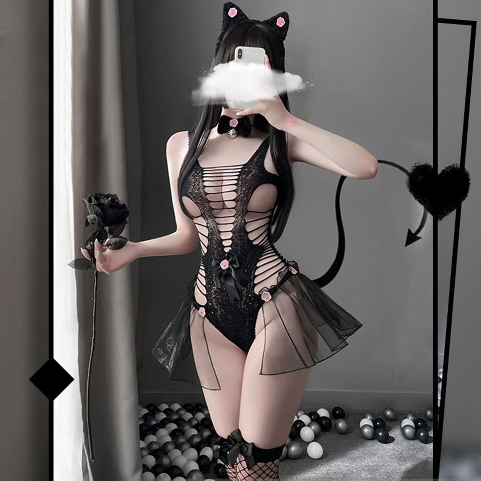 Sexy Women's Mesh Cat Lingerie Jumpsuit with Bow - Black One Size Lace Bodysuit for Valentine's Day, Bridal Shower & Romantic Nights