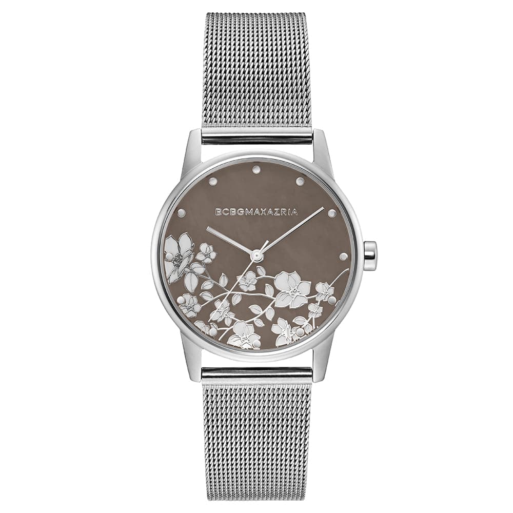 BCBGMAXAZRIA Women's Quartz Floral Silver Mesh Watch BG50827003 - Elegant Timepiece for Office, Party & Special Occasions