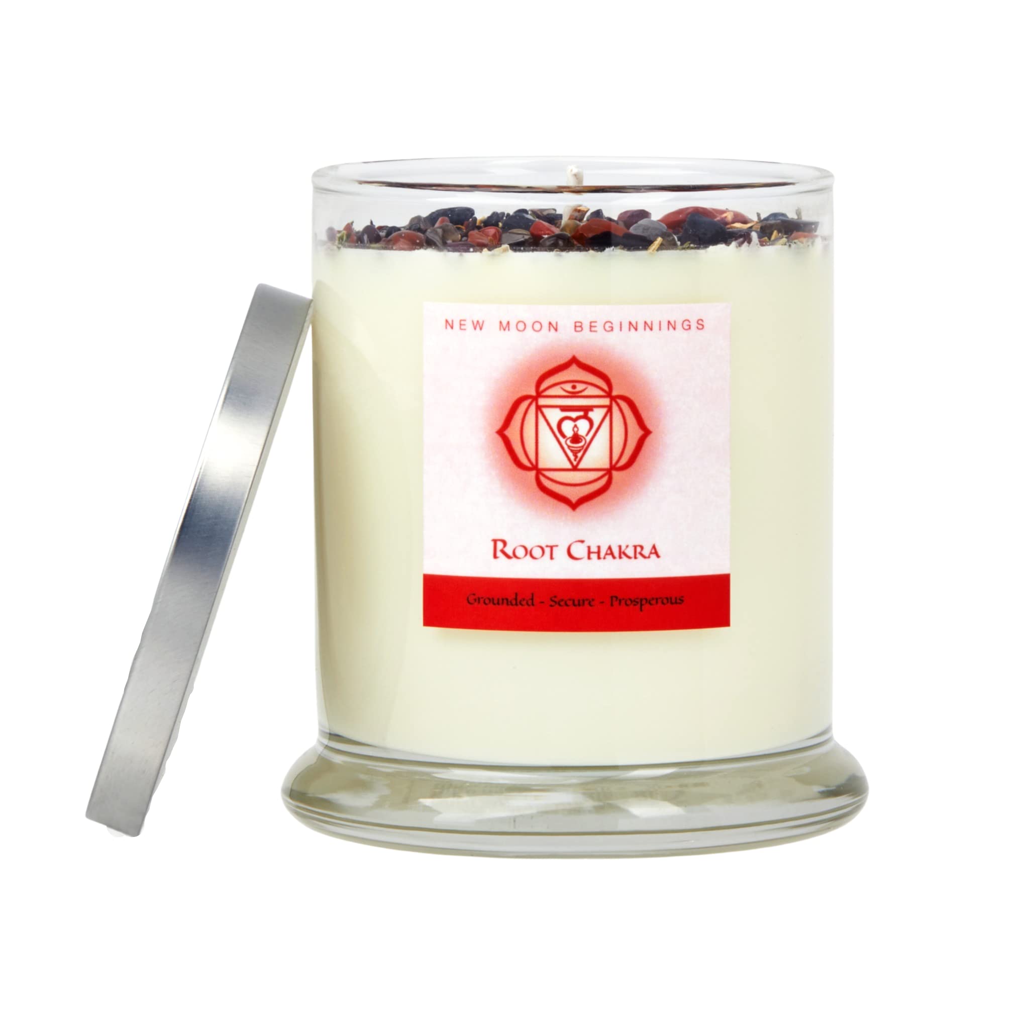 New Moon Beginnings Root Chakra Candle - Natural Soy Wax Aromatherapy Candle with Herbs, Flowers & Crystals for Meditation, Yoga & Spiritual Healing - Chakra Balancing & Energy Cleansing