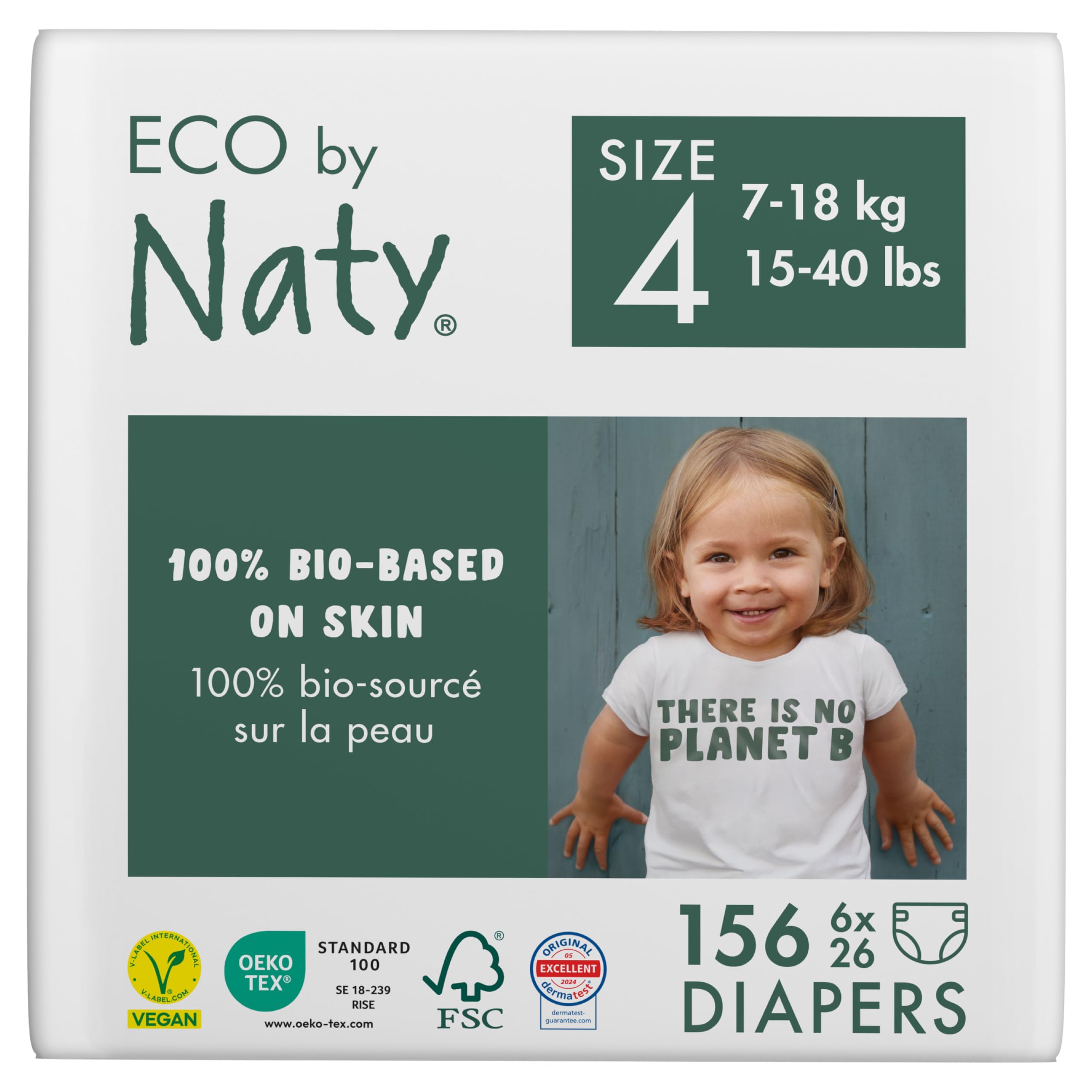 Eco by Naty Eco-Friendly Baby Diapers - Hypoallergenic, Super Absorbent & Soft for Sensitive Skin | 100% Plant-Based Biodegradable Materials | Size 4 (156 Count) | Perfect for Overnight Use & Gentle on Newborn Skin