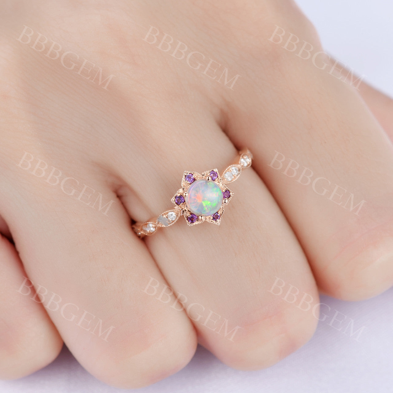 0.5 Carat Round Cut Opal & Amethyst Halo Engagement Ring in Rose Gold - Elegant Dainty Jewelry for Wedding, Proposal & Anniversary Gifts
