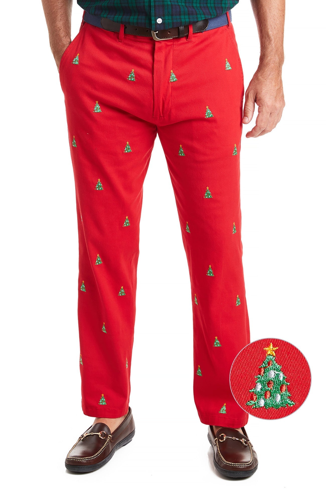 Stretch Twill Harbor Pants in Bright Red - Festive Christmas Tree Design for Holiday Parties & Casual Wear