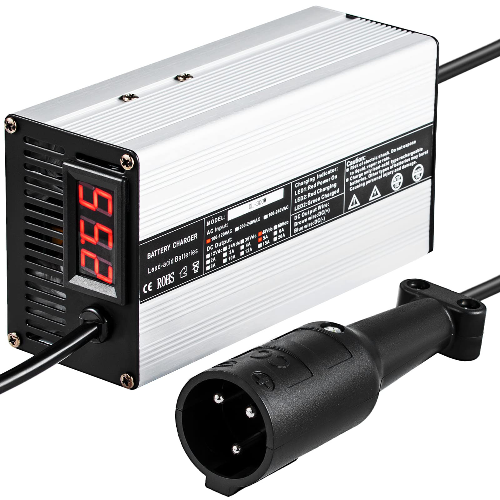 BestEquip 48V 5A Golf Cart Battery Charger with 3-Pin Round Plug & LED Indicator - Compatible with Club Car, Yamaha - Perfect for Home, Golf Course & RV Use