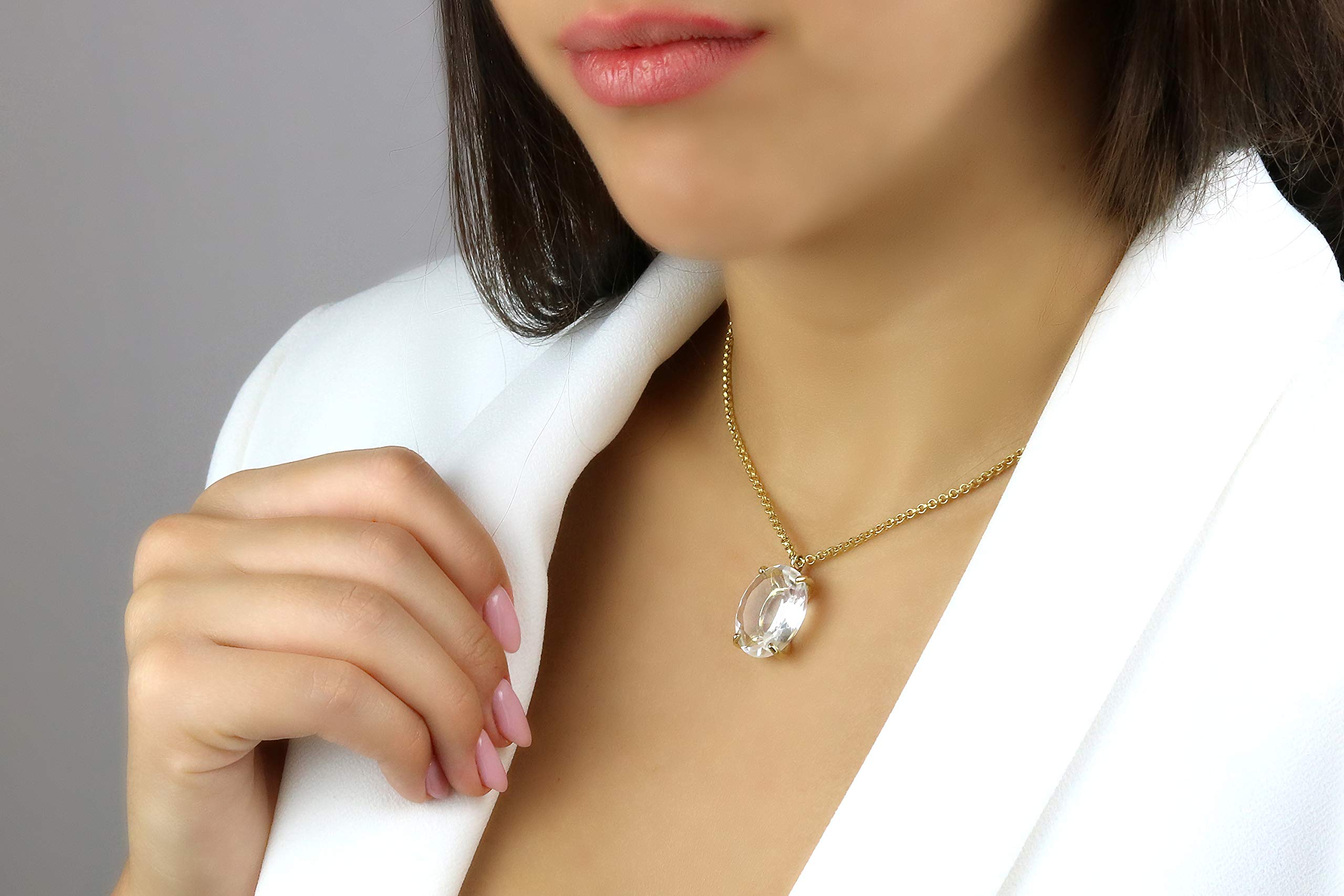 Anemone Jewelry Clear Quartz Pendant Necklace - Natural Gemstone Oval Necklace Handmade for Women - Adjustable Length Fashion Jewelry Gift for Birthday, Anniversary & Spiritual Healing