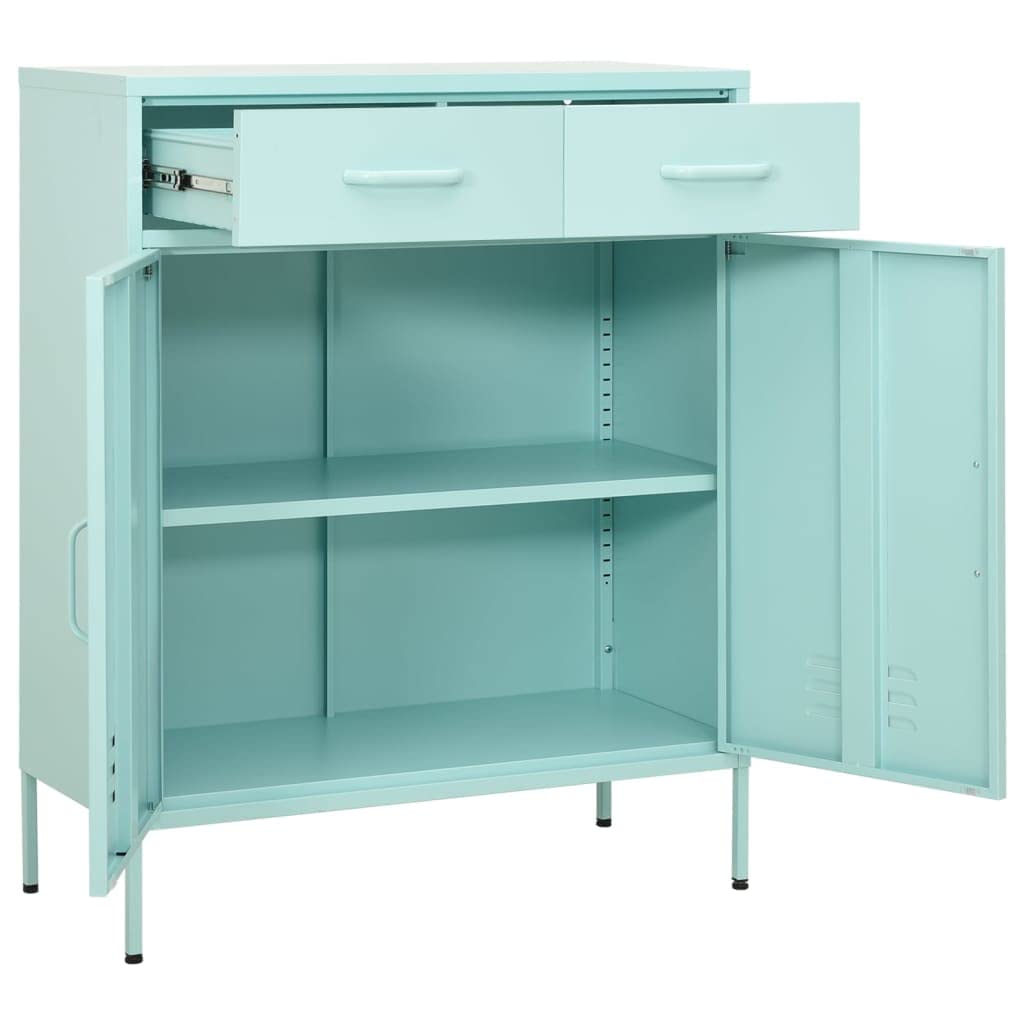 Mint Green Steel Storage Cabinet with Doors - 2 Drawers, 3 Sections Ball Bearing Runners, 1 Adjustable Shelf & Leveling Feet - 31.5
