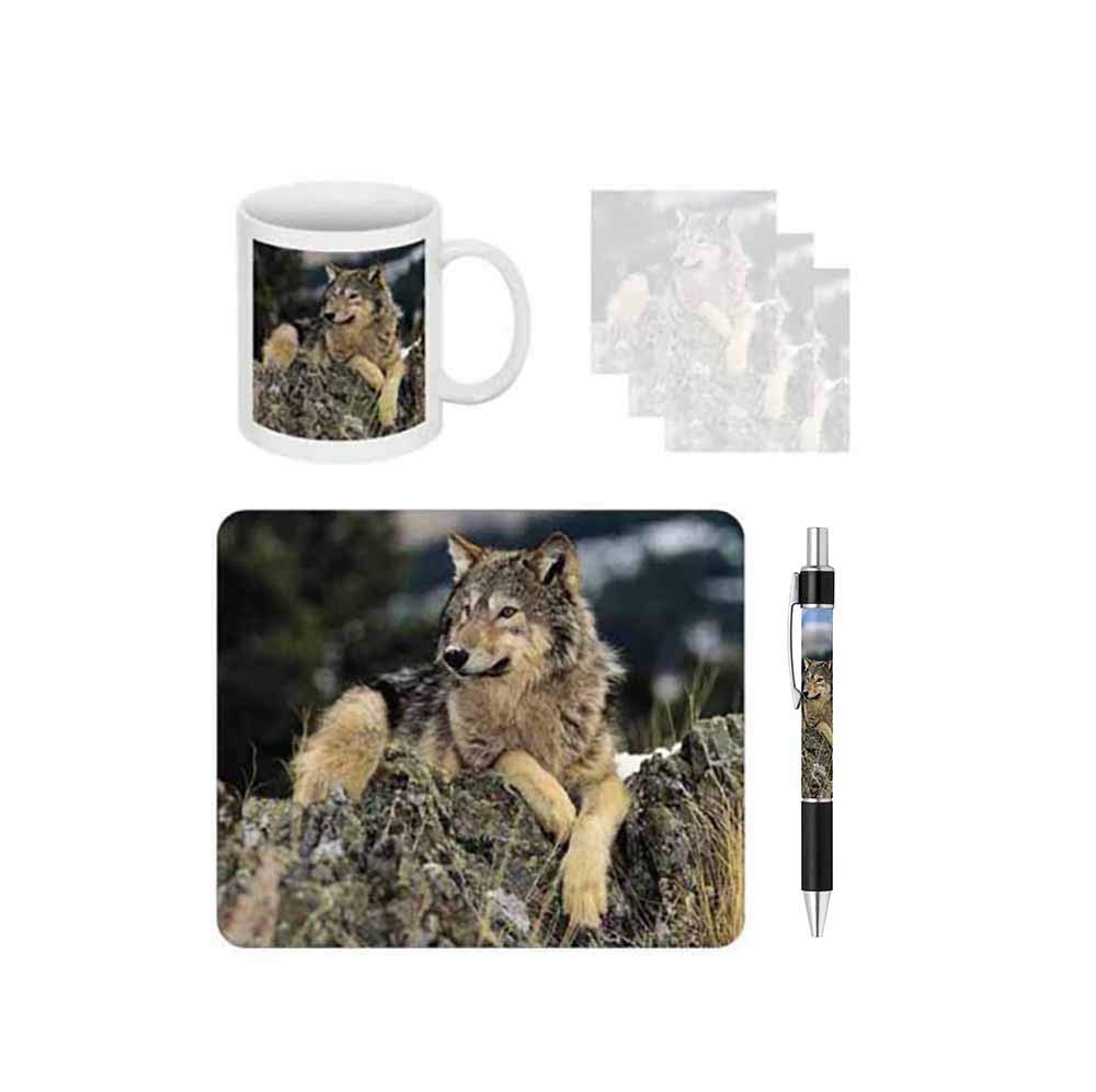 Premium Desk Gift Set with Sticky Notes, Pen, Mouse Pad & Coffee Mug (Wolf on Rocks Design) - Perfect Office & Home Workspace Accessories for Professionals, Students & Gift Giving