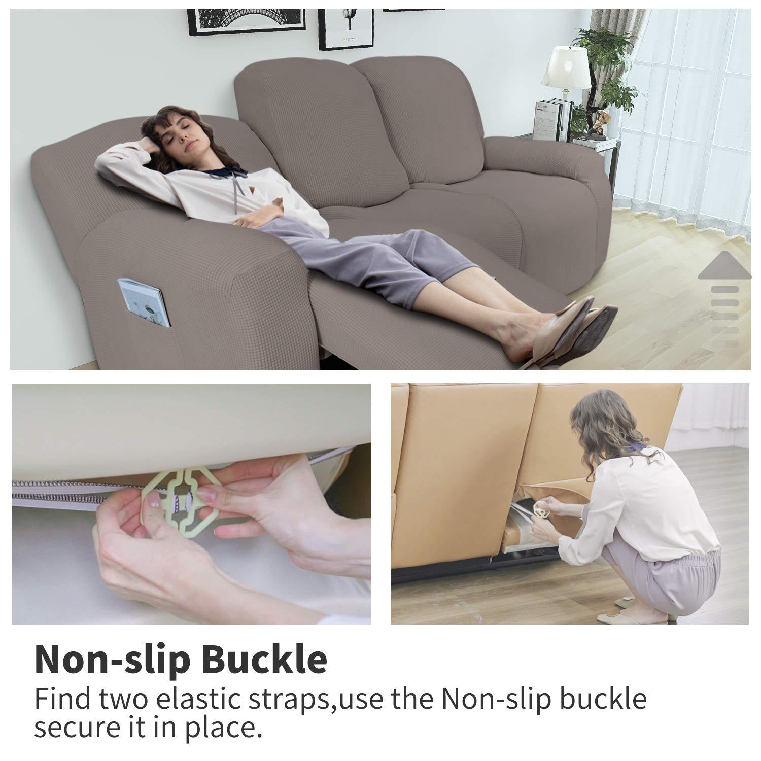 8-Piece Stretch Recliner Sofa Slipcover Set - Spandex Jacquard Fabric with Elastic Bottom - Taupe Checkered Design - Furniture Protector for Couches, Chairs & Recliners - Perfect for Homes with Kids & Pets (Living Room, Family Room, Home Theater)