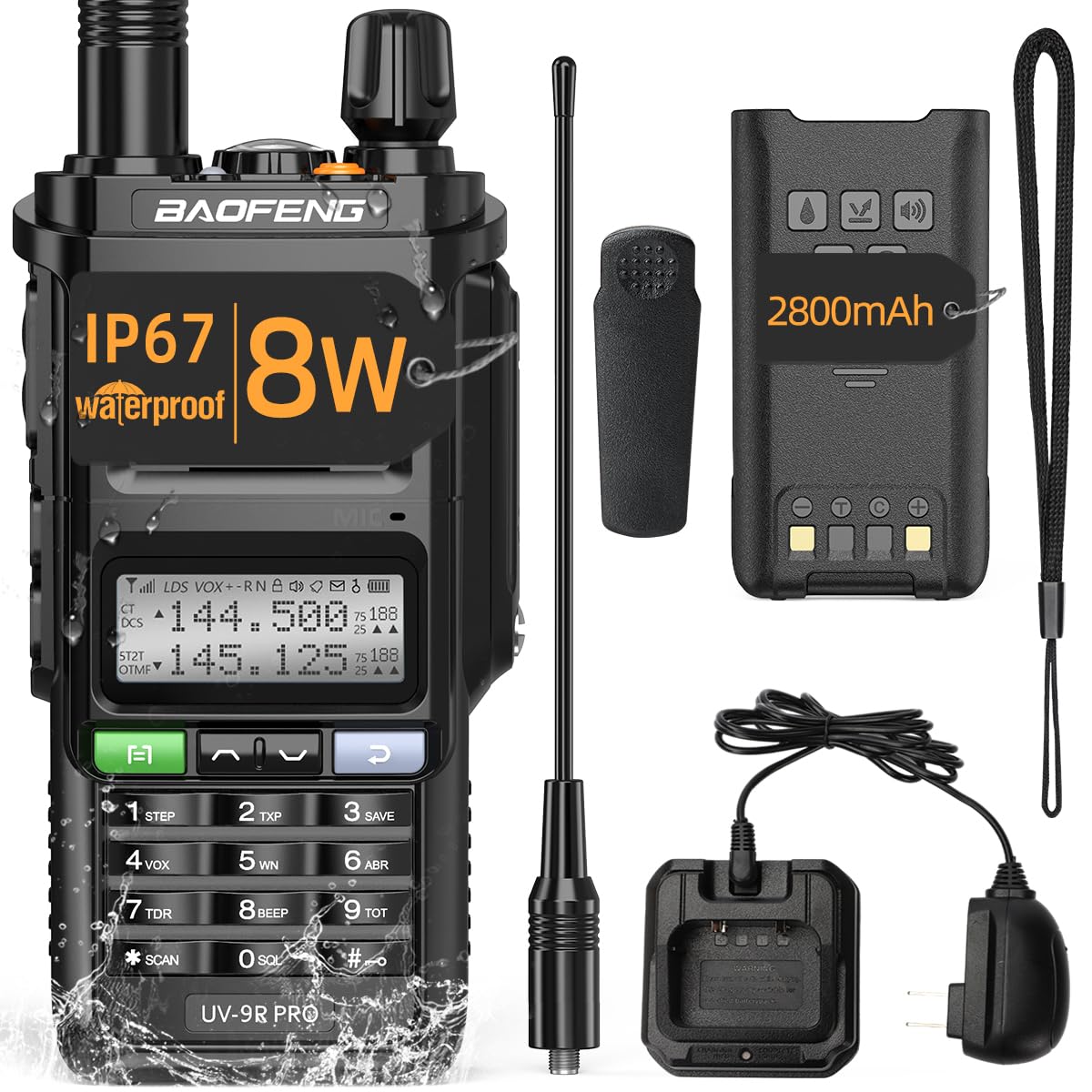 BAOFENG UV-9R PRO 8W IP67 Waterproof Dustproof Dual Band Two-Way Radio Walkie Talkie - Upgraded Rechargeable Ham Radio with Long Range for Hiking, Hunting, Camping, Outdoor Adventures & Emergency Communication