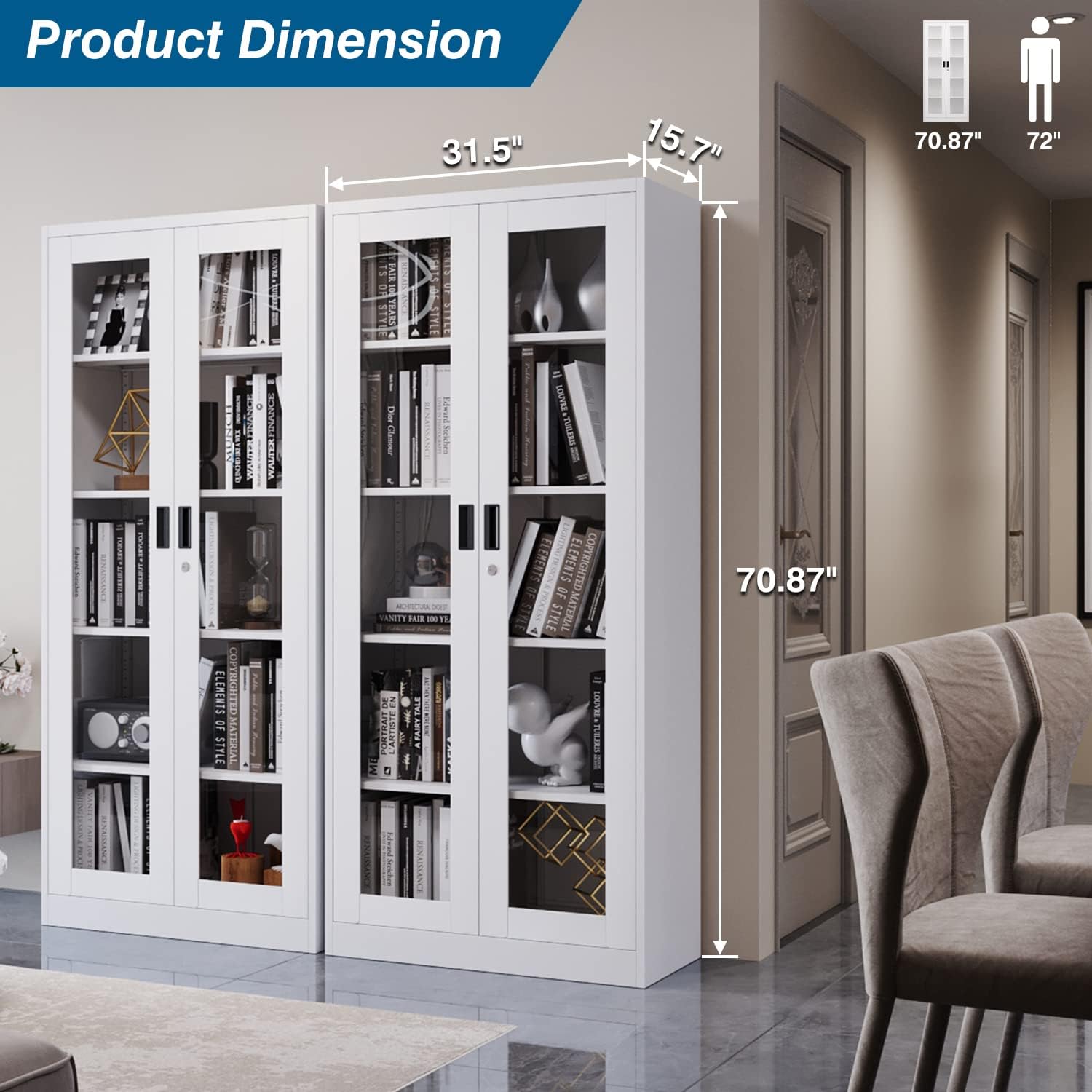 Glass Display Cabinet with 4 Adjustable Shelves & Locking Doors - White Curio Cabinet for Home, Office, Clinic or Pantry - Perfect for Showcasing Collectibles, China, or Retail Merchandise - Easy Assembly Required