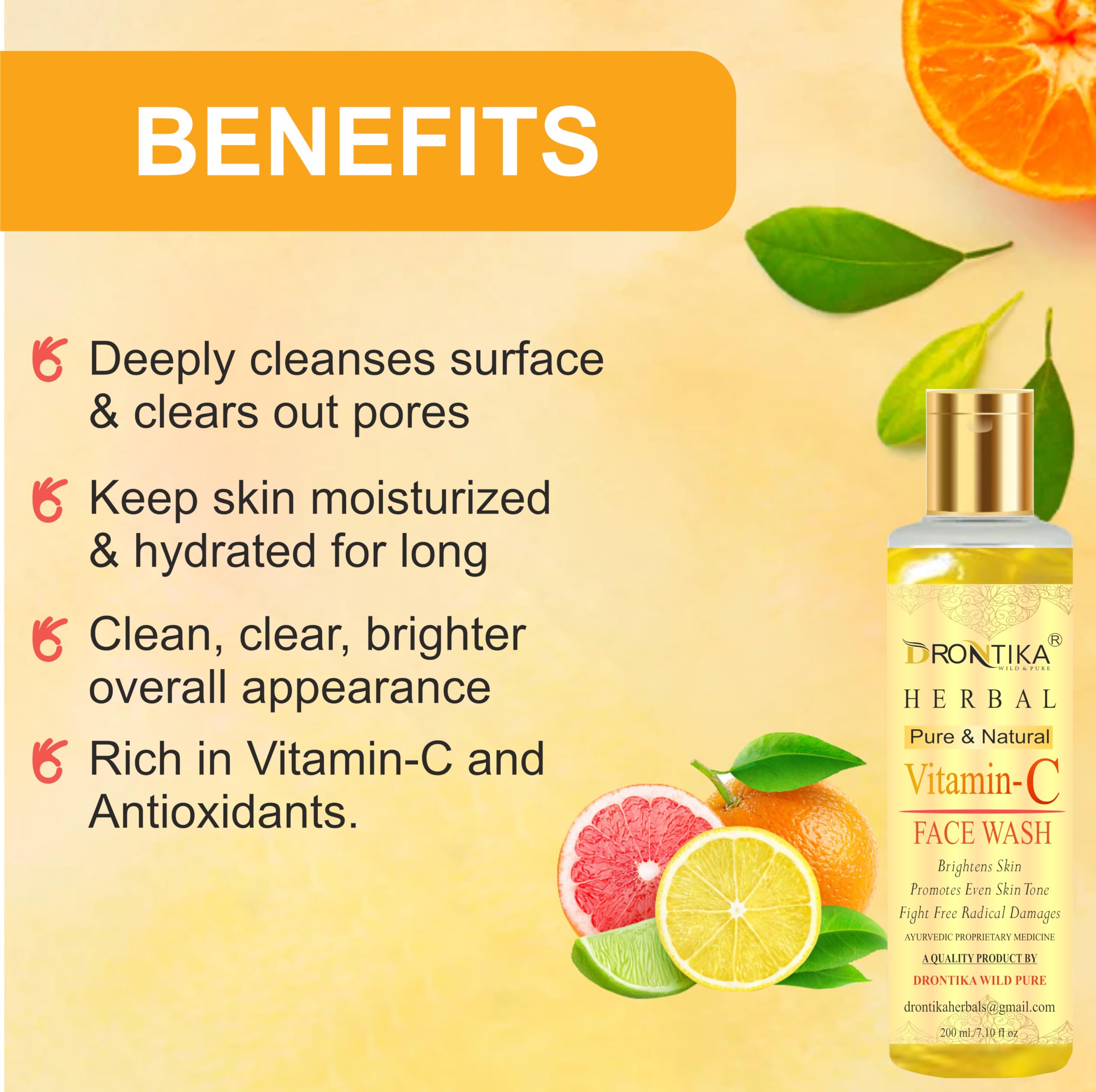 Drontika Natural Vitamin-C Face Wash with Honey, Aloe Vera & Sandalwood - Oil Control, Acne Treatment & Glowing Skin for Men & Women - Paraben, Sulfate, Silicone & Color Free - 200ml - Perfect for Daily Skincare & Acne-Prone Skin