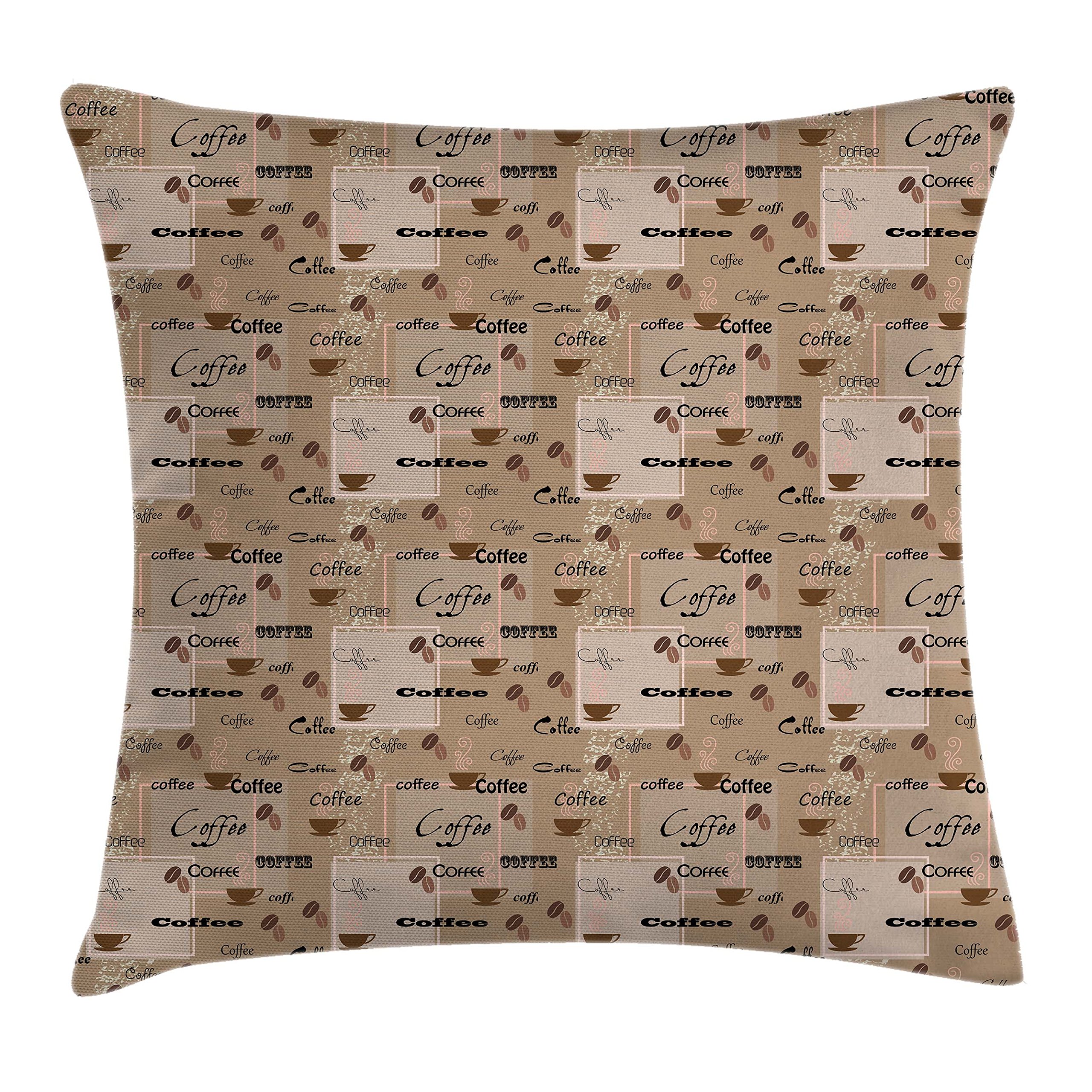 Ambesonne Coffee Themed Throw Pillow Cover 40x40 Inches - Vintage Abstract Design with Coffee Beans, Cups & Typography - Decorative Square Accent Pillow Case in Pale Brown & Black - Perfect for Living Room, Bedroom or Cafe Decor