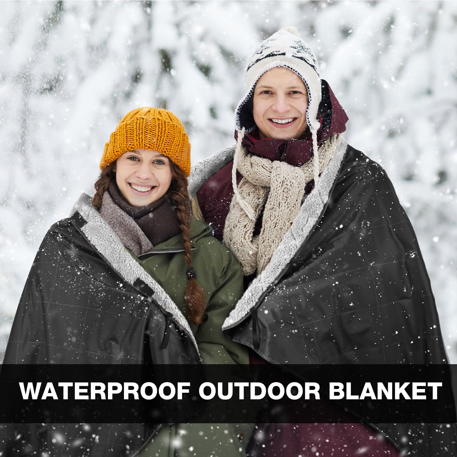 DUKUSEEK Sherpa Waterproof Camping Blanket with Hood - Extra Warm Large Fleece Outdoor Blanket for Camping, Hiking, Picnics, Stadium Events, Boating & Car Travel - Windproof Cold Weather Blanket for Winter Sports & Outdoor Adventures