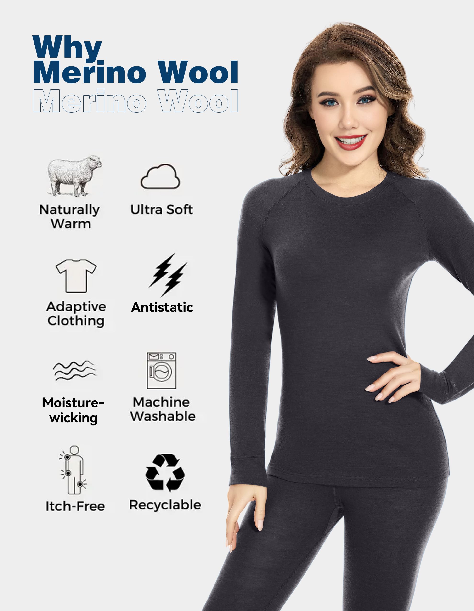 Women's 100% Merino Wool Base Layer Set - Lightweight Thermal Underwear for Skiing, Hiking & Winter Outdoor Activities