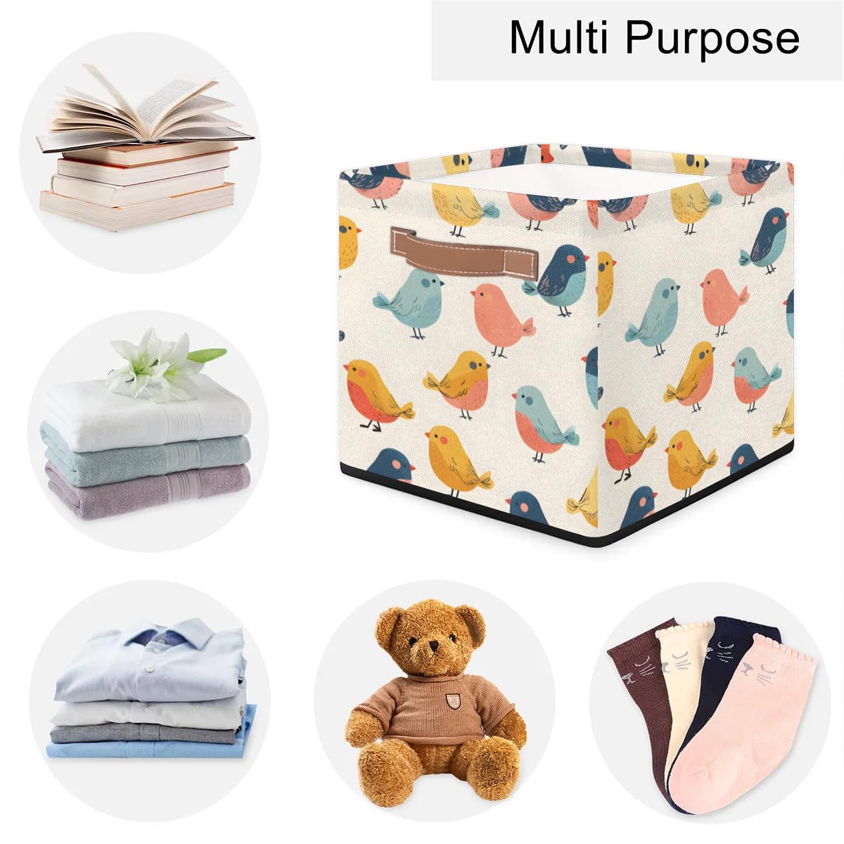 13 Inch Collapsible Birds Storage Basket with Leather Handle - Foldable Storage Bin Organizer for Closet, Shelves & Home Decor (Beige) - Perfect for Bedroom, Nursery & Bathroom Organization