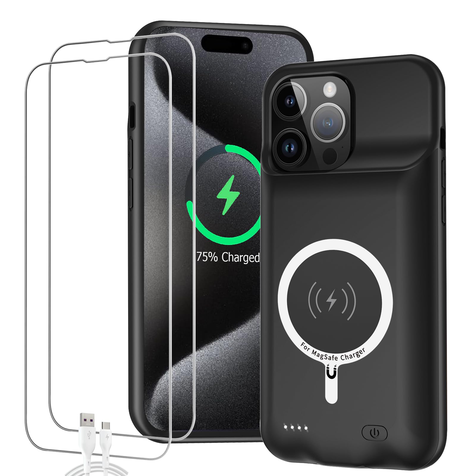 12000mAh Battery Case for iPhone 15 Pro Max (6.7 inch) - High Capacity Rechargeable Charging Case with Wireless Charging | Portable Power Bank for Travel, Work & Outdoor Activities | Compatible with iPhone 15 Pro Max - Black