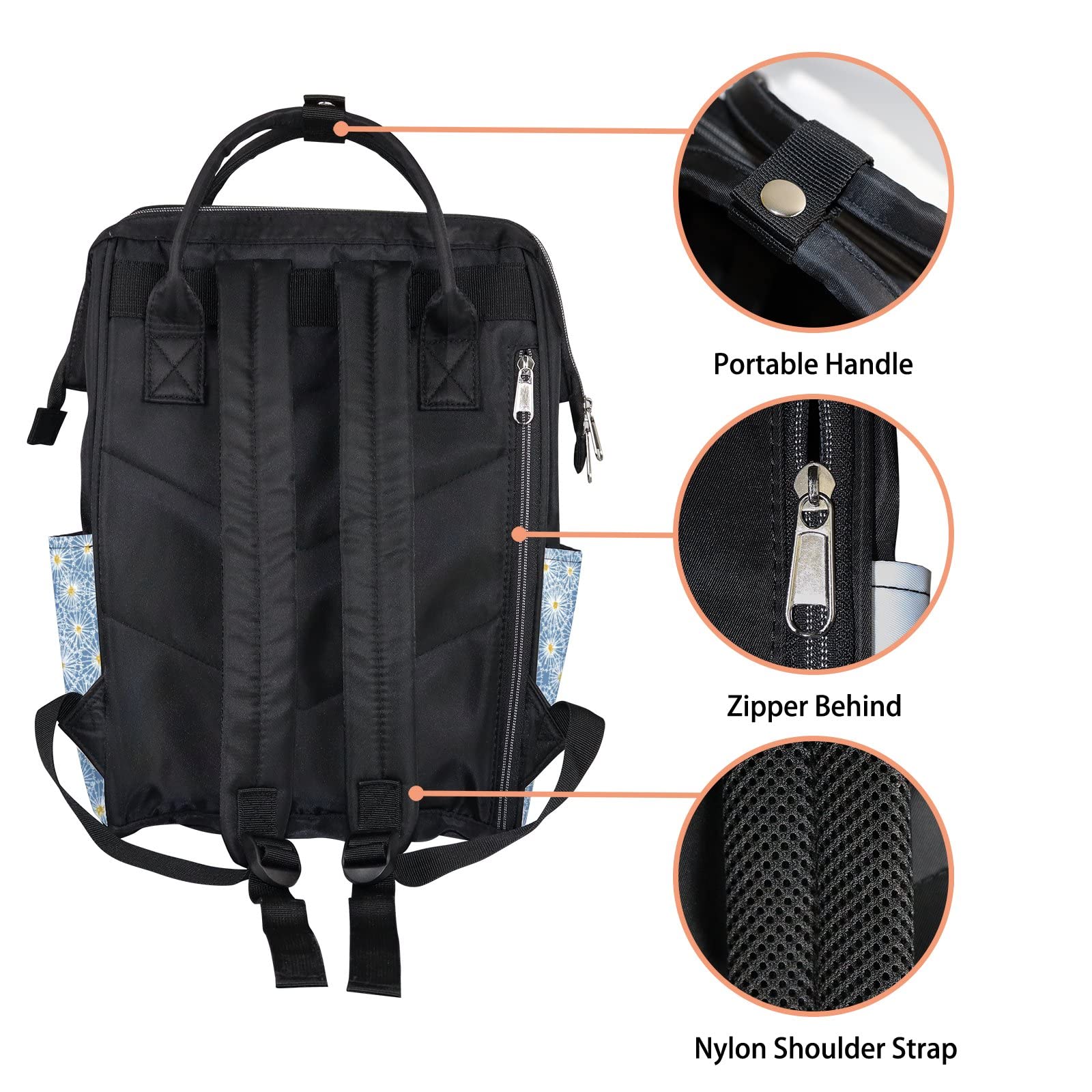 Waterproof Diaper Backpack for Travel - Large Capacity Baby Nappy Changing Bag with Laptop Compartment | Blue & White Dandelion Design | Durable Unisex Backpack for Parents (Perfect for Daycare, Outings & Family Trips)