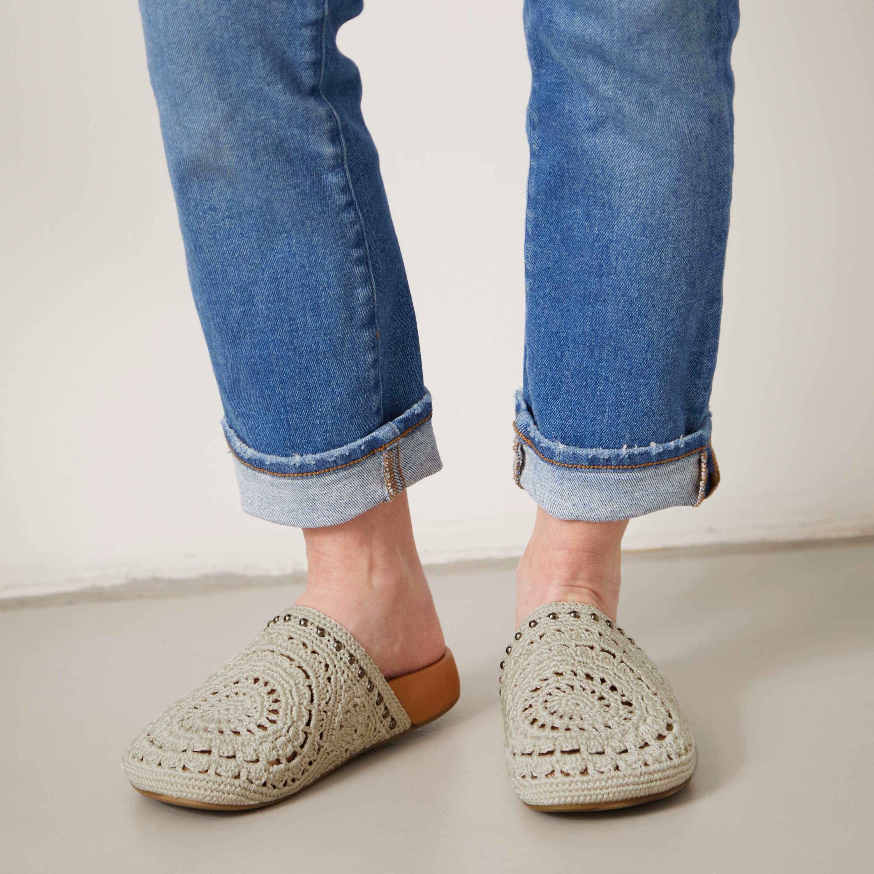 Bolinas Hand Crochet Clog Shoes - Natural Grey Medallion Design - Comfortable Slip-On House Slippers for Women, Perfect for Home, Garden & Casual Wear