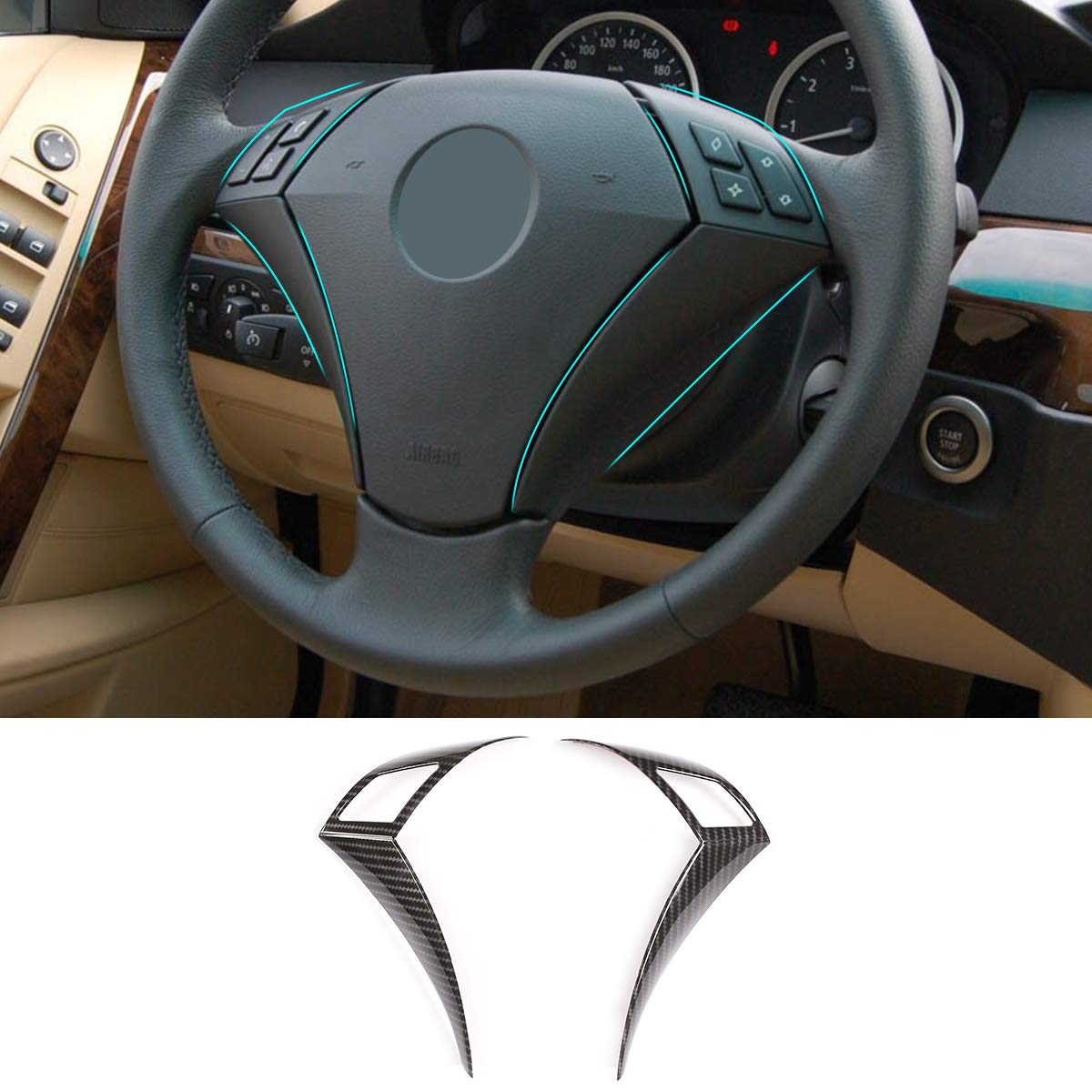Carbon Fiber ABS Steering Wheel Button Decoration Frame Trim Sticker for BMW 5 Series E60 E61 (2003-2010) - Premium Car Interior Accessories for Enhanced Driving Experience & Style Upgrade