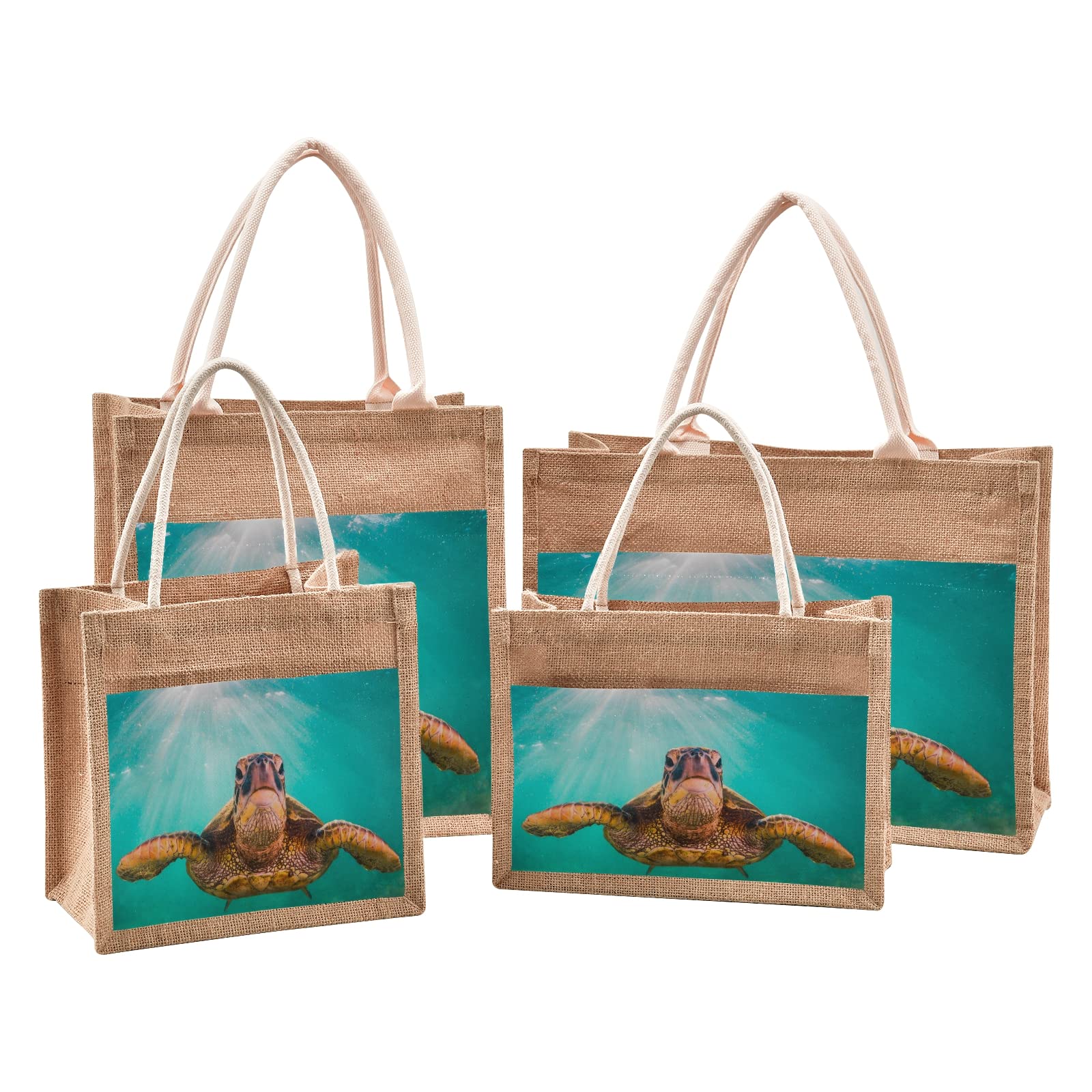 ALAZA Hawaiian Green Sea Turtle Print Eco-Friendly Jute Tote Bag for Women - Reusable Grocery Shopping Bag with Sturdy Handles - 9.8 x 9.8 x 7.1 Inches - Perfect for Beach, Travel & Farmers Market