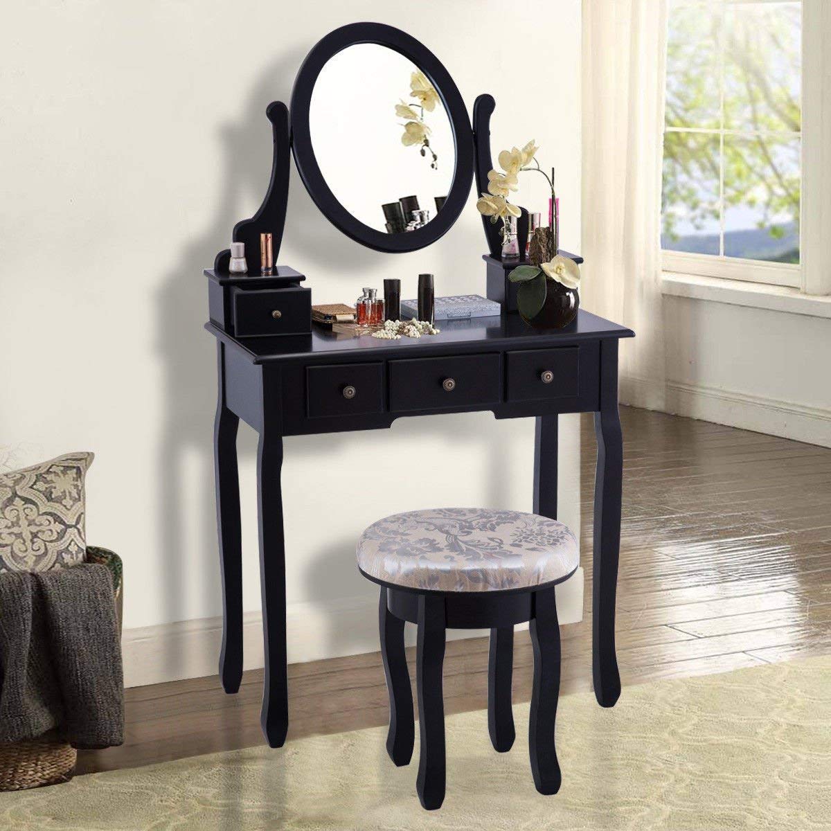 Casart Vanity Makeup Table Set with Cushioned Stool & 360° Swivel Mirror - 5-Drawer Dressing Table for Bedroom, Black Wooden Vanity Set - Perfect for Makeup, Skincare & Jewelry Organization