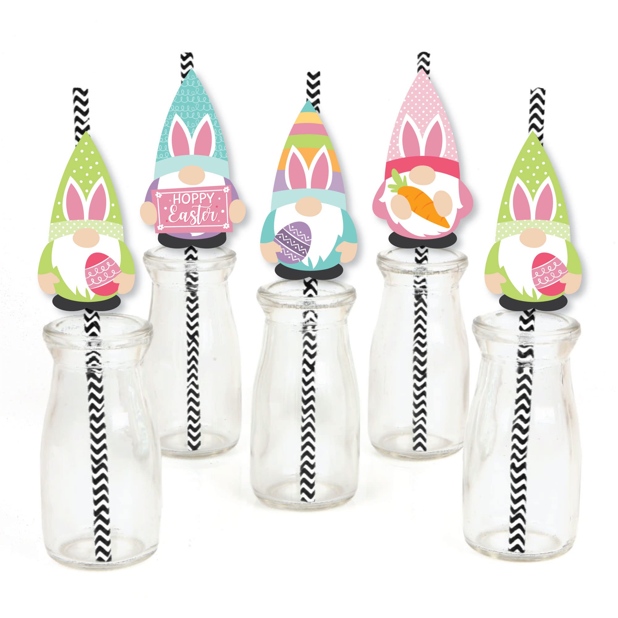 Easter Gnome Paper Straws - Set of 24 Striped Decorative Straws for Spring Bunny Party Decorations | Perfect for Easter Celebrations, Baby Showers & Garden Tea Parties