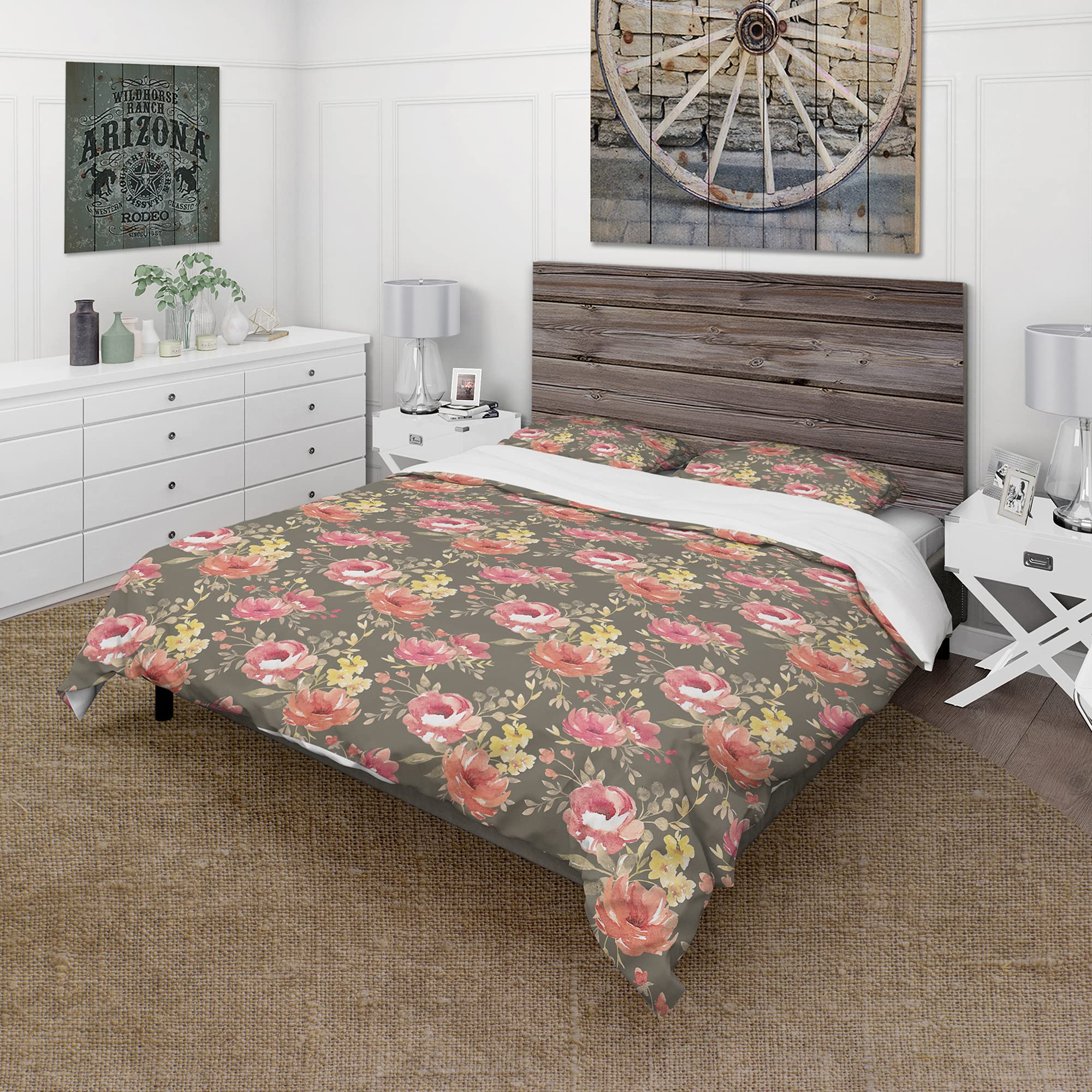 DesignQ Floral Duvet Cover Set - Watercolor Pink Yellow Red Flowers | Soft Bedding for Master Bedroom, Guest Room & Dorm Decor