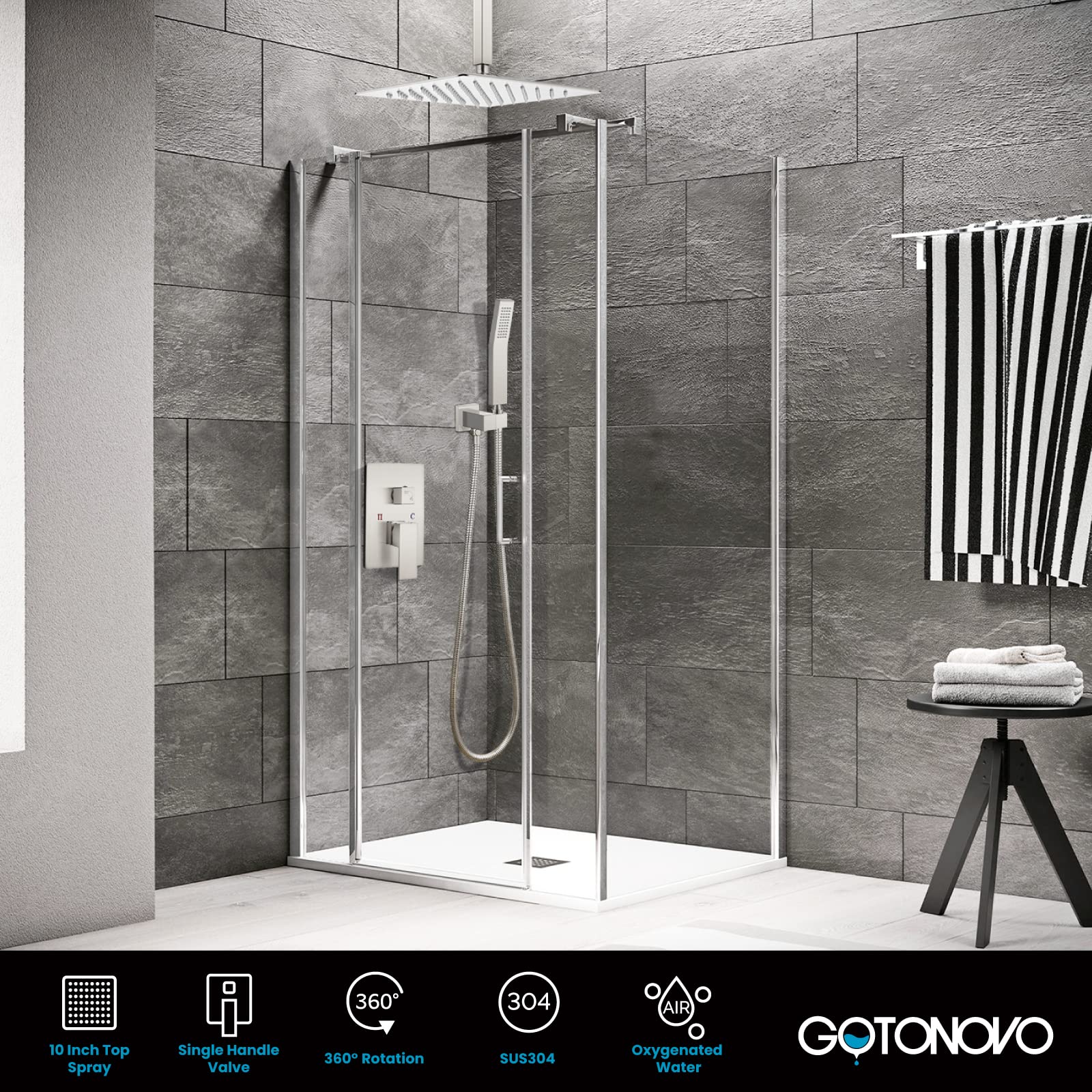Gotonovo Luxury 10-Inch Rain Shower Combo Set - Ceiling Mount High Pressure Shower System with Handheld Spray, Brushed Nickel Finish - Perfect for Spa-Like Bathroom Renovations & Modern Home Upgrades
