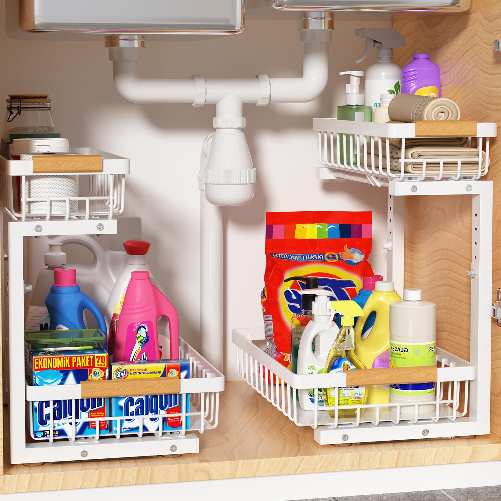 2-Pack Under Sink Organizer with Slide-Out Shelves | Adjustable Height Pull-Out Cabinet Drawers | White Metal Storage Shelf for Kitchen & Bathroom | Perfect for Maximizing Under-Sink Space & Organizing Cleaning Supplies