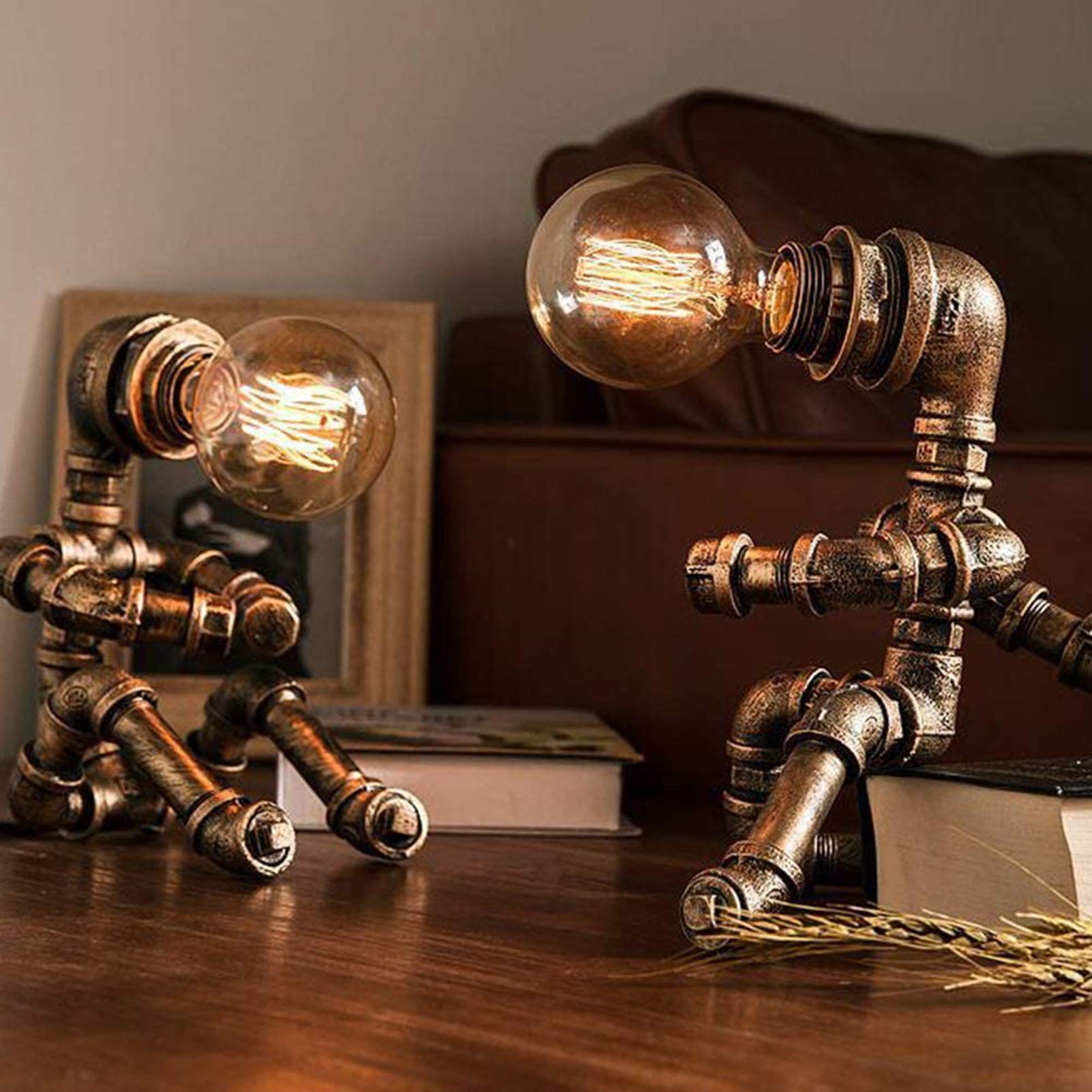 Vintage Industrial Desk Lamp - Retro Robot Night Light for Bedroom, Bar & Restaurant - Creative Water Pipe Design with Button Switch - Perfect for Home Office, Study & Reading