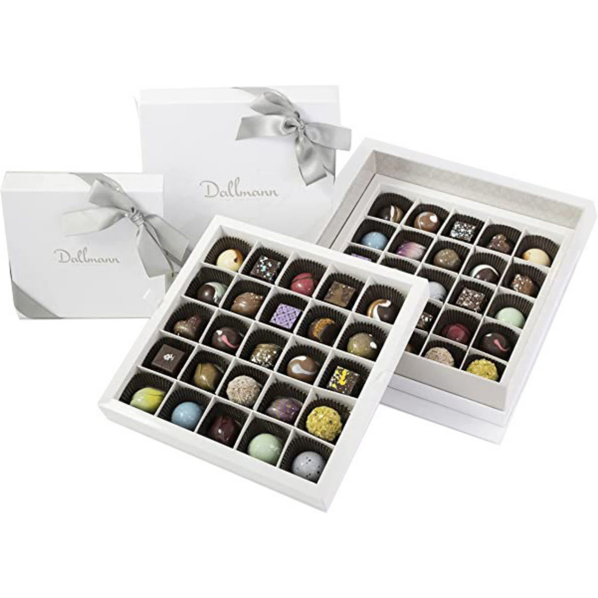 Premium Chocolate Gift Box by Dallmann Confections - 50 Pcs Handcrafted Chocolates with Silver Satin Ribbon | Elegant Birthday, Anniversary & Corporate Gifts | Perfect for Holidays, Valentine's Day & Special Occasions