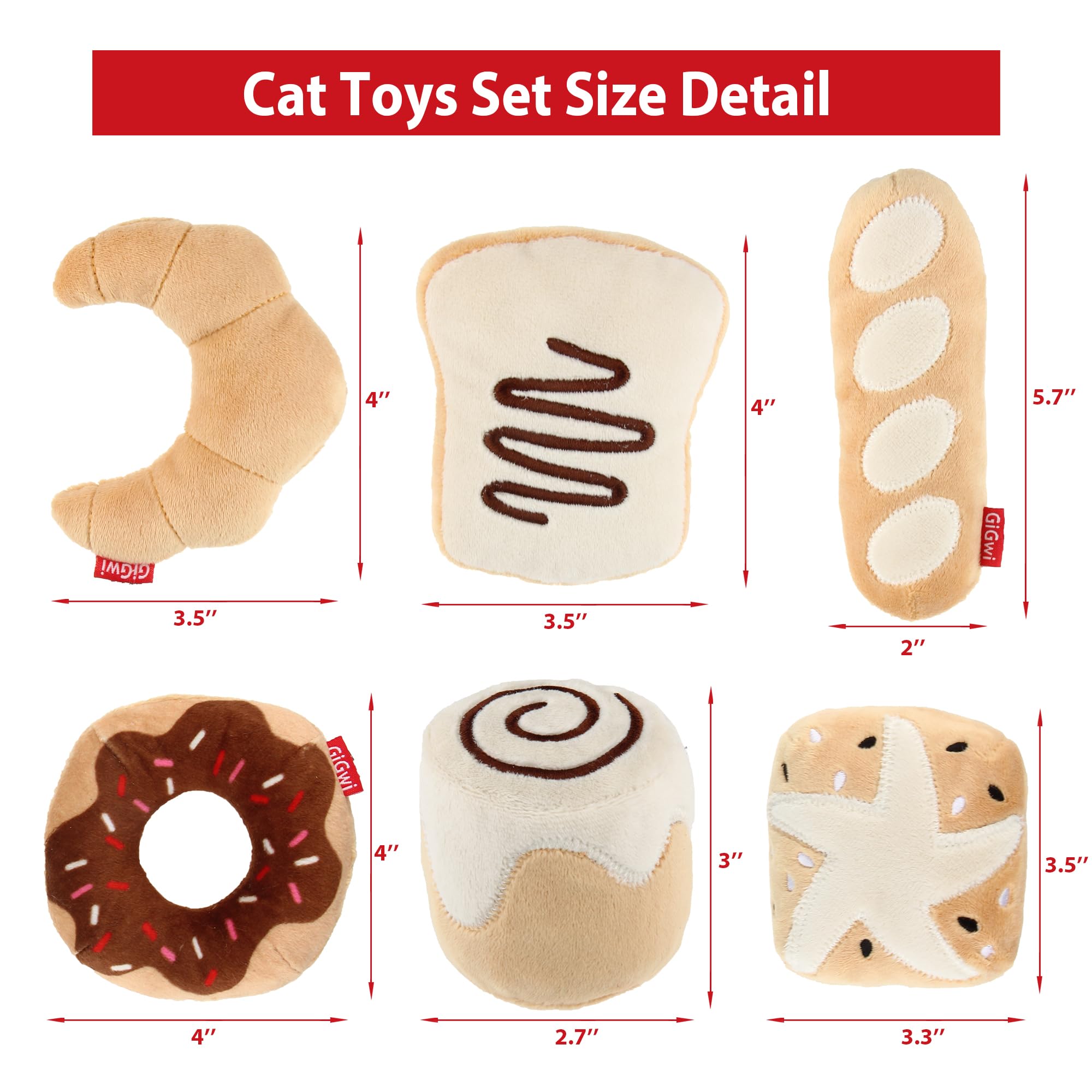 Gigwi Catnip Toys for Cats - 6 Pack Interactive Plush Cat Kicker Toys with Refillable Catnip, Crinkle Sound & Bread Design - Safe Kitten Teething Chew Toys for Indoor Play, Stress Relief & Enrichment Activities