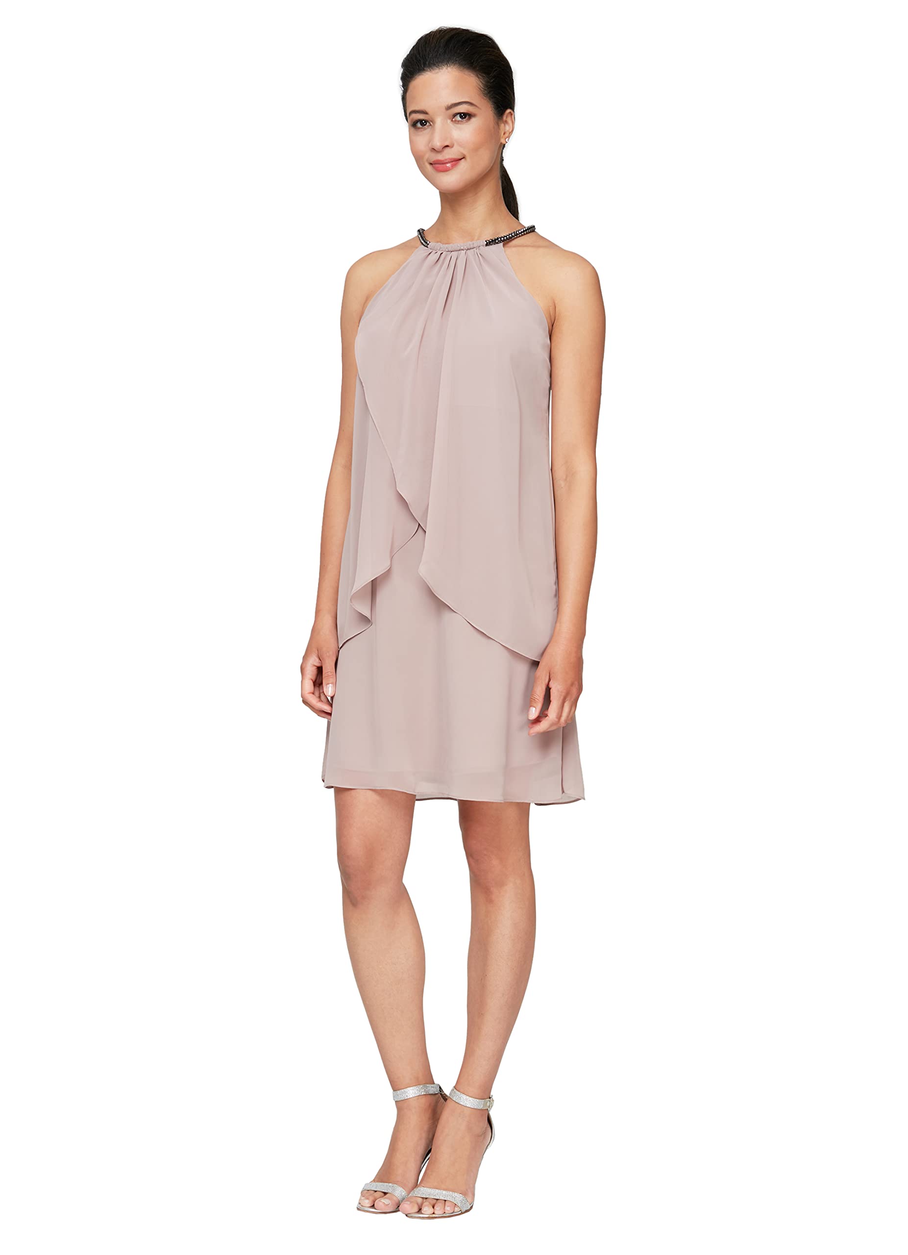 S.L. Fashions Women's Elegant Beaded Halter Neck Cocktail Dress for Wedding Guest, Party, Evening Events - Available in Petite & Regular Sizes - Perfect for Formal Occasions, Bridal Showers & Special Celebrations