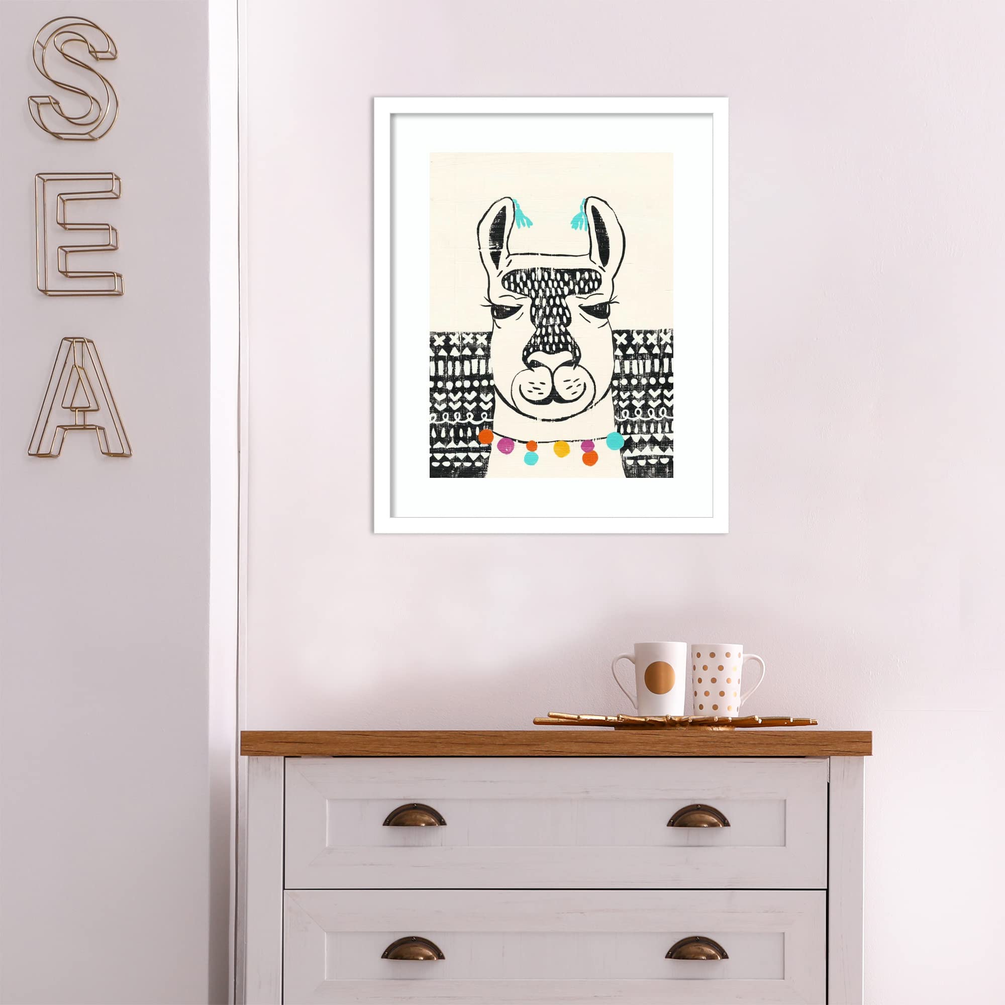Amanti Art Framed Wall Art Print 21x17 - Party Llama III by Chariklia Zarris | Whimsical Animal Wall Decor | Small Poster Painting for Living Room, Bedroom, Office | Perfect for Home, Nursery & Gift Giving