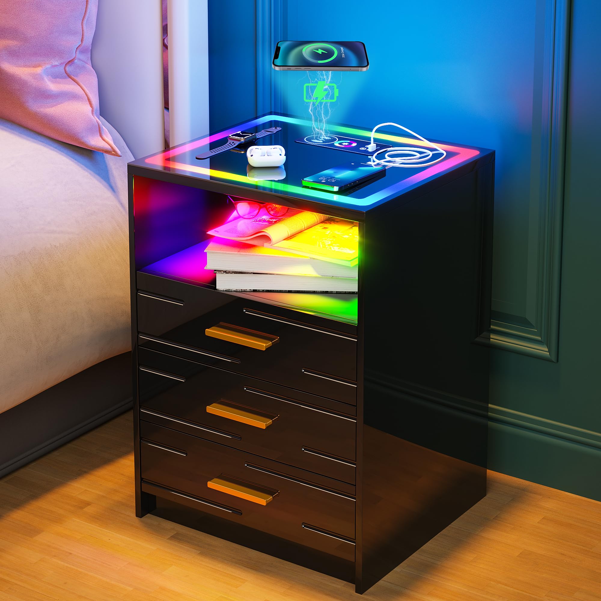 Lvifur Modern LED Nightstand with Wireless Charging, 24-Color RGB Touch Screen & Auto Sensor - USB/Type-C Ports, 3 Drawers - High Gloss Black Bedside Table for Bedroom, Living Room & Office