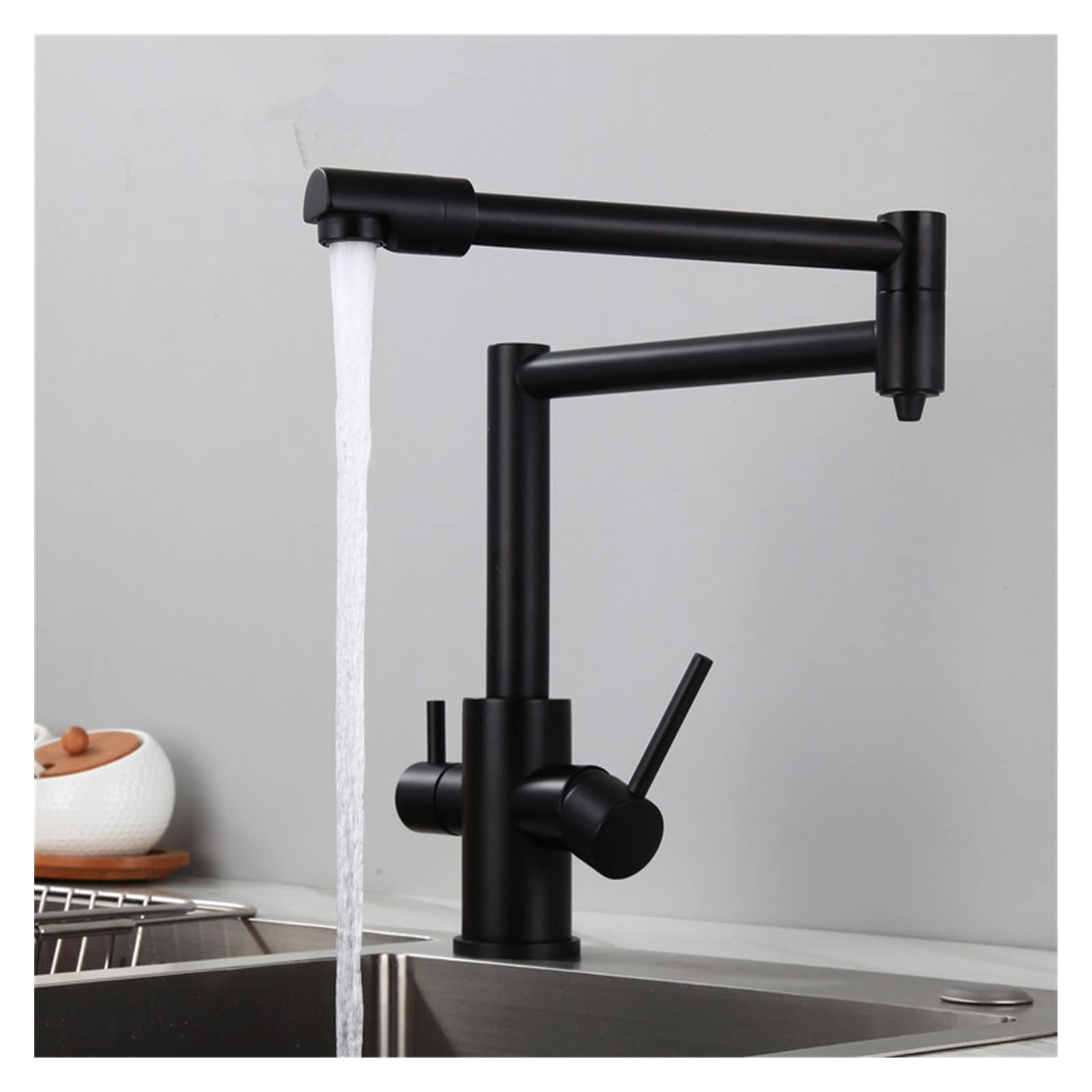 Black Pot Filler Faucet - Solid Brass Deck Mounted Kitchen Sink Faucet with 3-Way Water Filter & Foldable Spout - Brushed Nickel Finish for Modern Kitchens (Medium Size) - Perfect for Cooking, Filling Pots & Cleaning Vegetables