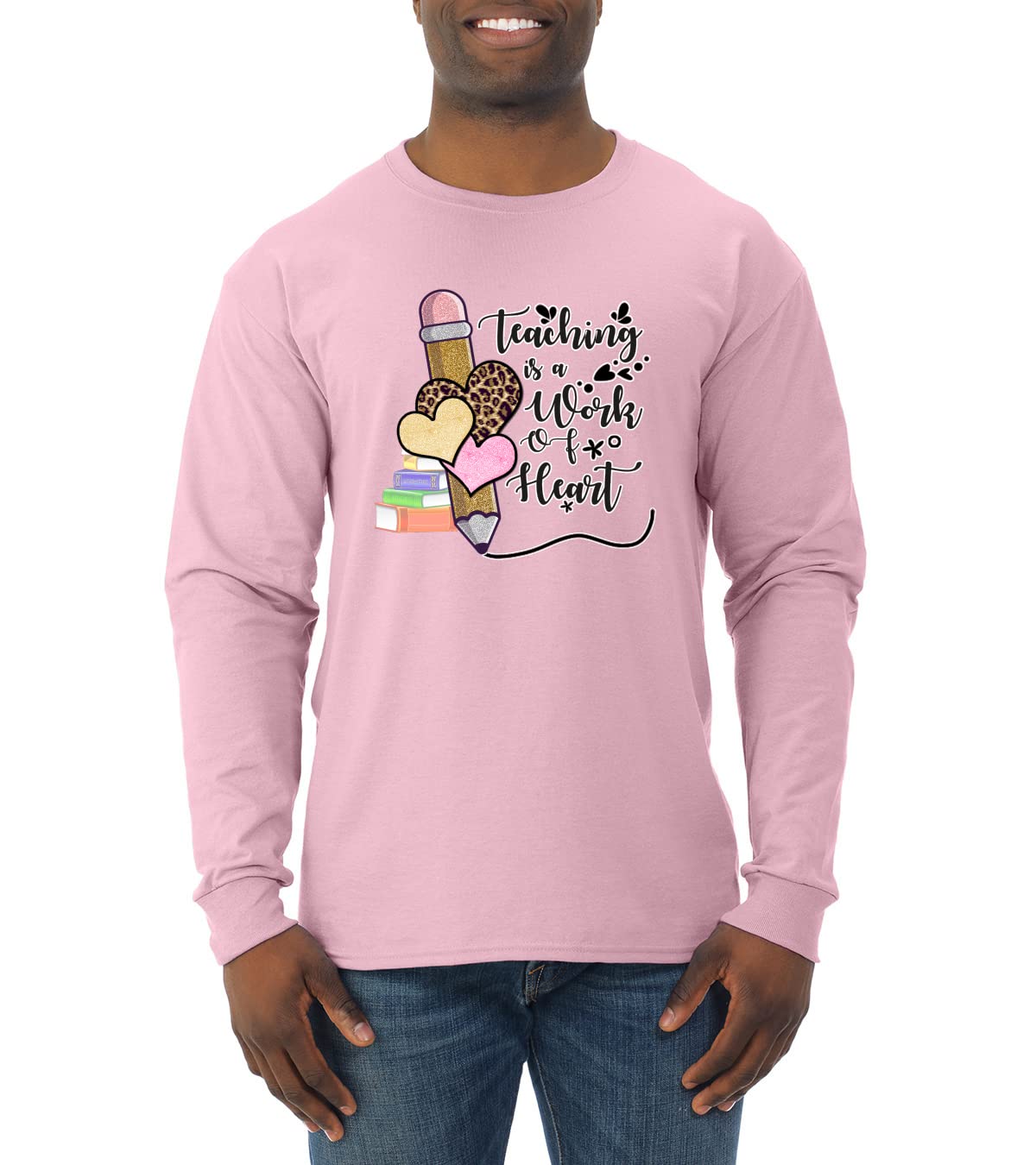 Wild Bobby Teaching is a Work of Heart Pop Culture Men's Long Sleeve T-Shirt - Funny Teacher Apparel for Educators & School Staff - Perfect for Classrooms, Teacher Appreciation Gifts & Casual Wear