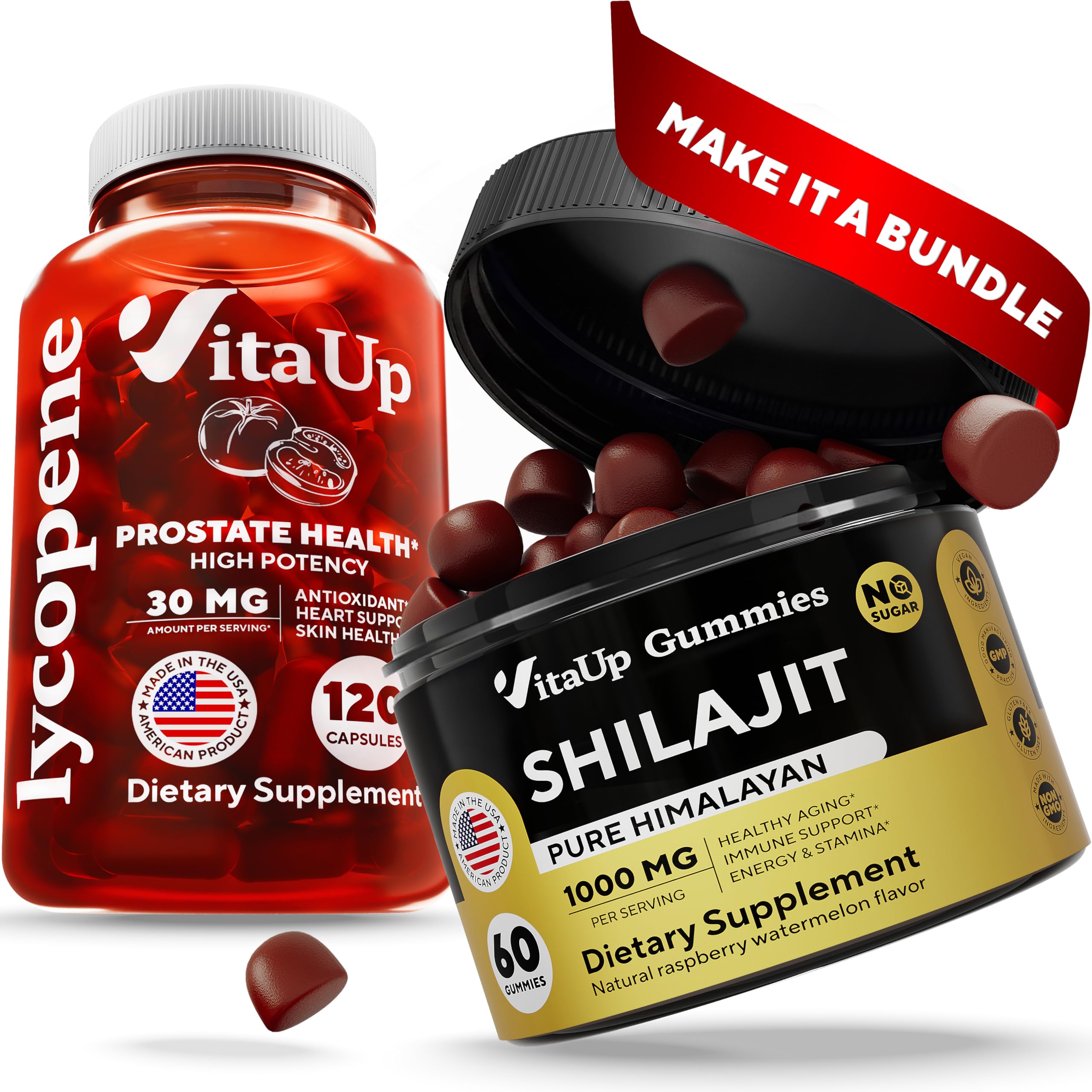 Premium Lycopene Supplement 120 Capsules & Shilajit Gummies 60 Count - Non-GMO, Gluten-Free, Vegan-Friendly Antioxidant Support - Perfect for Daily Wellness & Energy Boost