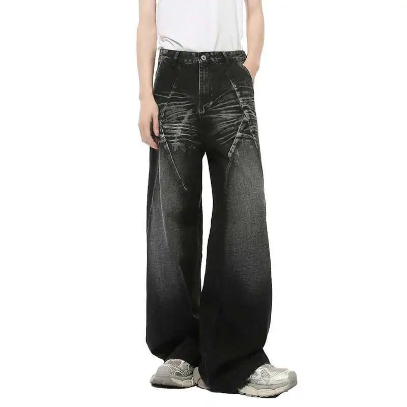 American Style Men's Denim Jeans - Washed Cat Whisker Design with 3D Patchwork, Straight Leg Streetwear Pants for Men (Style 9C8202) | Perfect for Casual Outings, Street Fashion and Everyday Wear