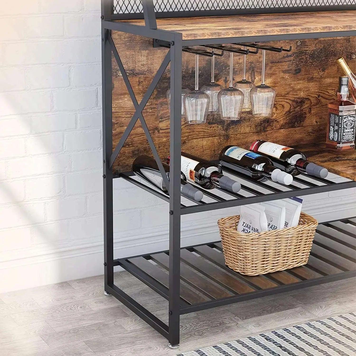 Bestier Coffee Bar Storage Cabinet with Mesh Panel and Wine Rack - Stylish Kitchen Organizer for Coffee, Wine & Bar Essentials - Perfect for Home, Office or Cafe Use