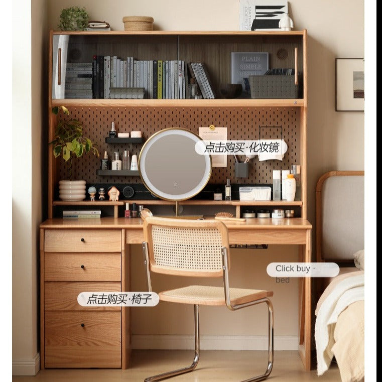 Solid Oak & Cherry Wood Desk Bookshelf with Warm LED Lighting - Perfect for Home Office, Study Room, and Library Organization