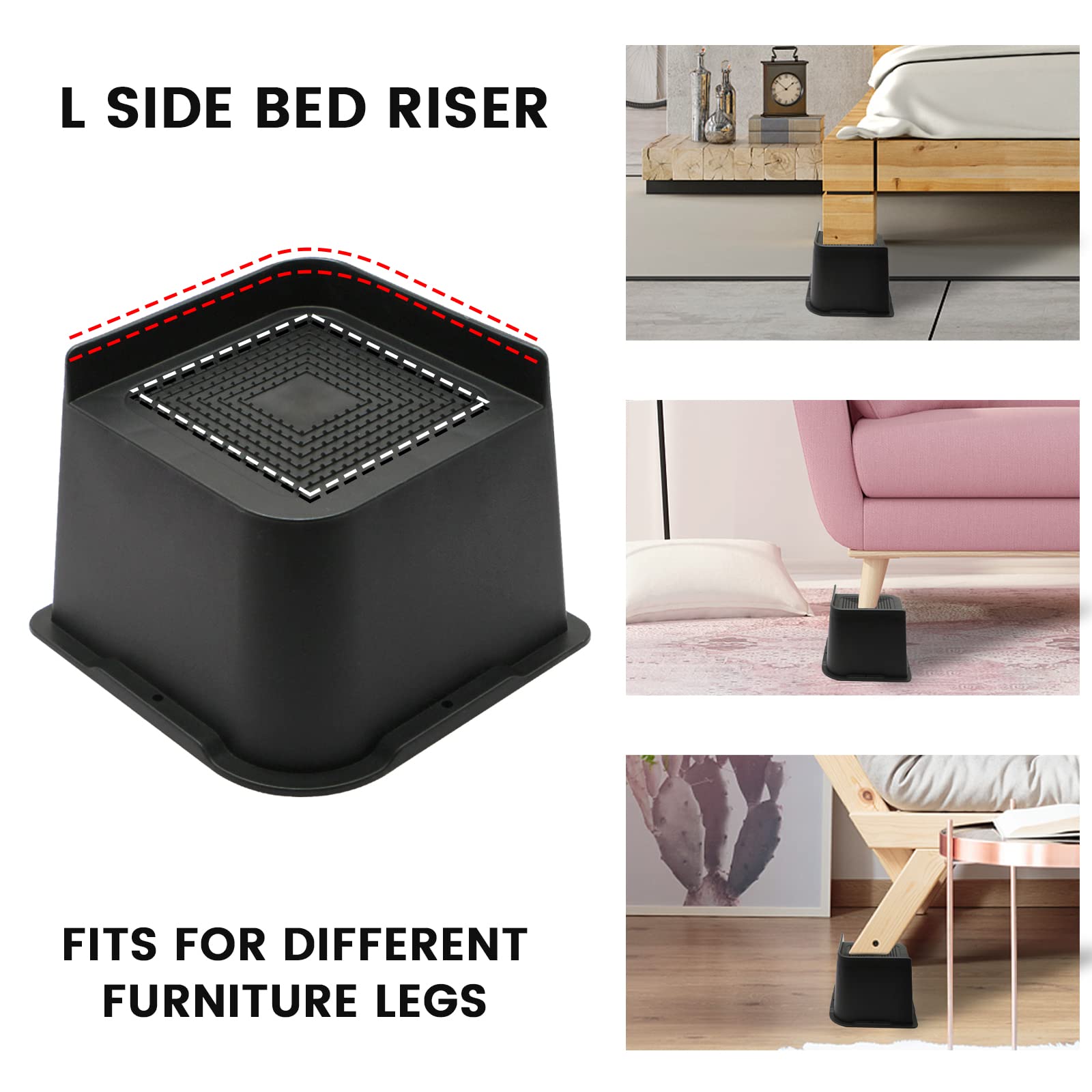 Heavy Duty Bed Risers 4 Pack - 4 Inch Furniture Risers for Couch, Sofa, Table & Chair - Supports Up to 6000 lbs - Extra Sturdy Oversized Lift - Perfect for Dorm Rooms, Home Office & Bedroom Furniture (Black)