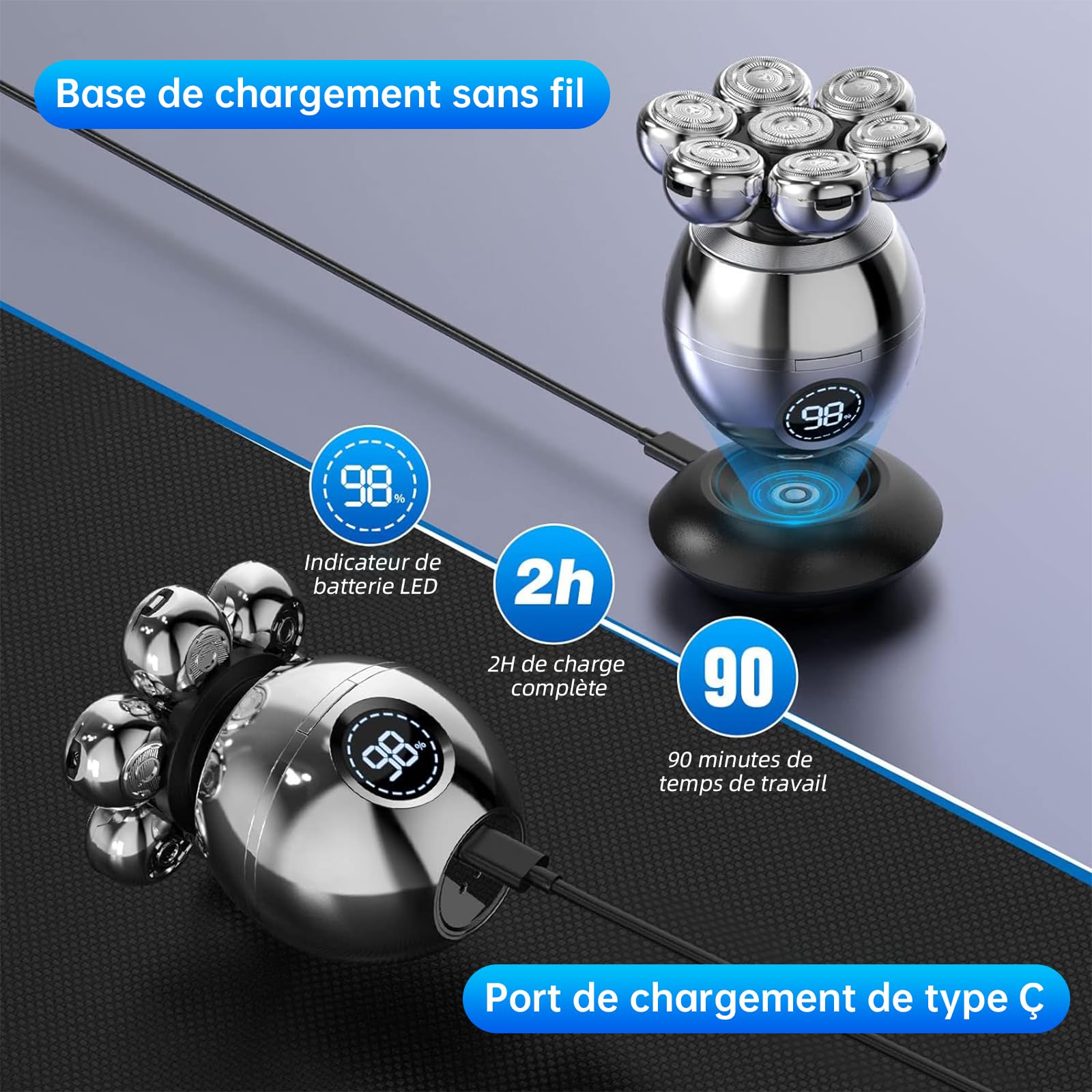 Rasoir Electrique 5 en 1 pour Hommes - Tondeuse Cheveux 7D Rotative, IPX7 Étanche, Rechargeable USB-C, Écran LED, Utilisation Sec et Humide - Idéal pour Voyage, Maison et Bureau