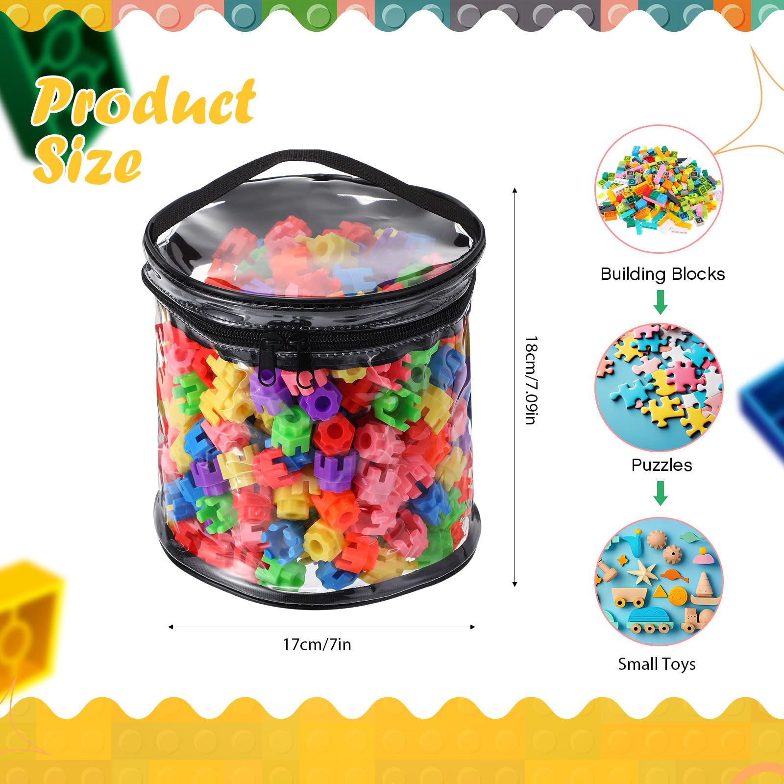 6-Piece Clear PVC Toy Storage Bags with Zipper - Waterproof Organizer for Board Games, Building Blocks, Puzzles & Small Toys - Perfect for Kids' Room, Playroom & Travel Organization